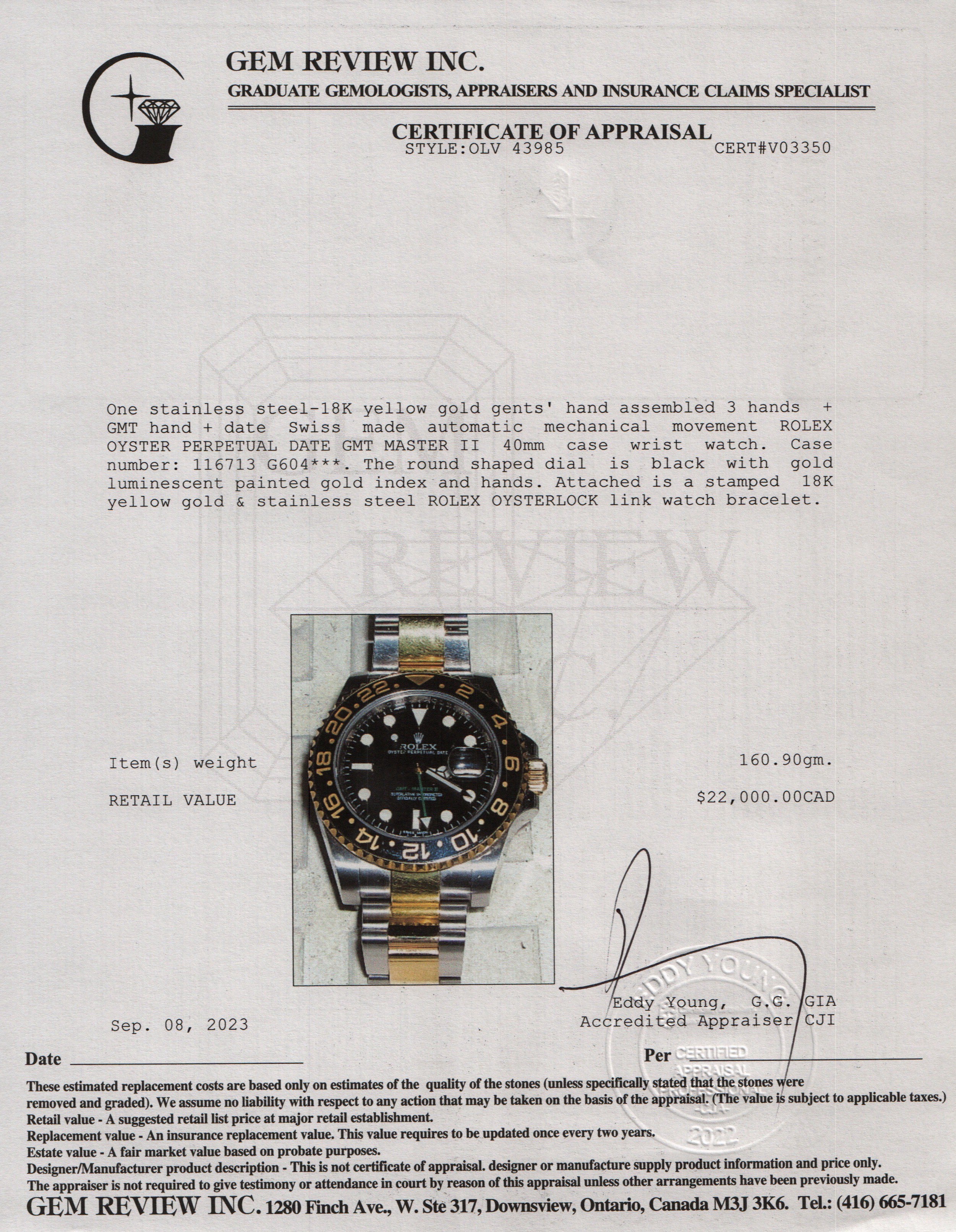 Rolex Stainless Steel & 18k Yellow Gold GMT-Master II 40 MM Watch w/ Box & Papers