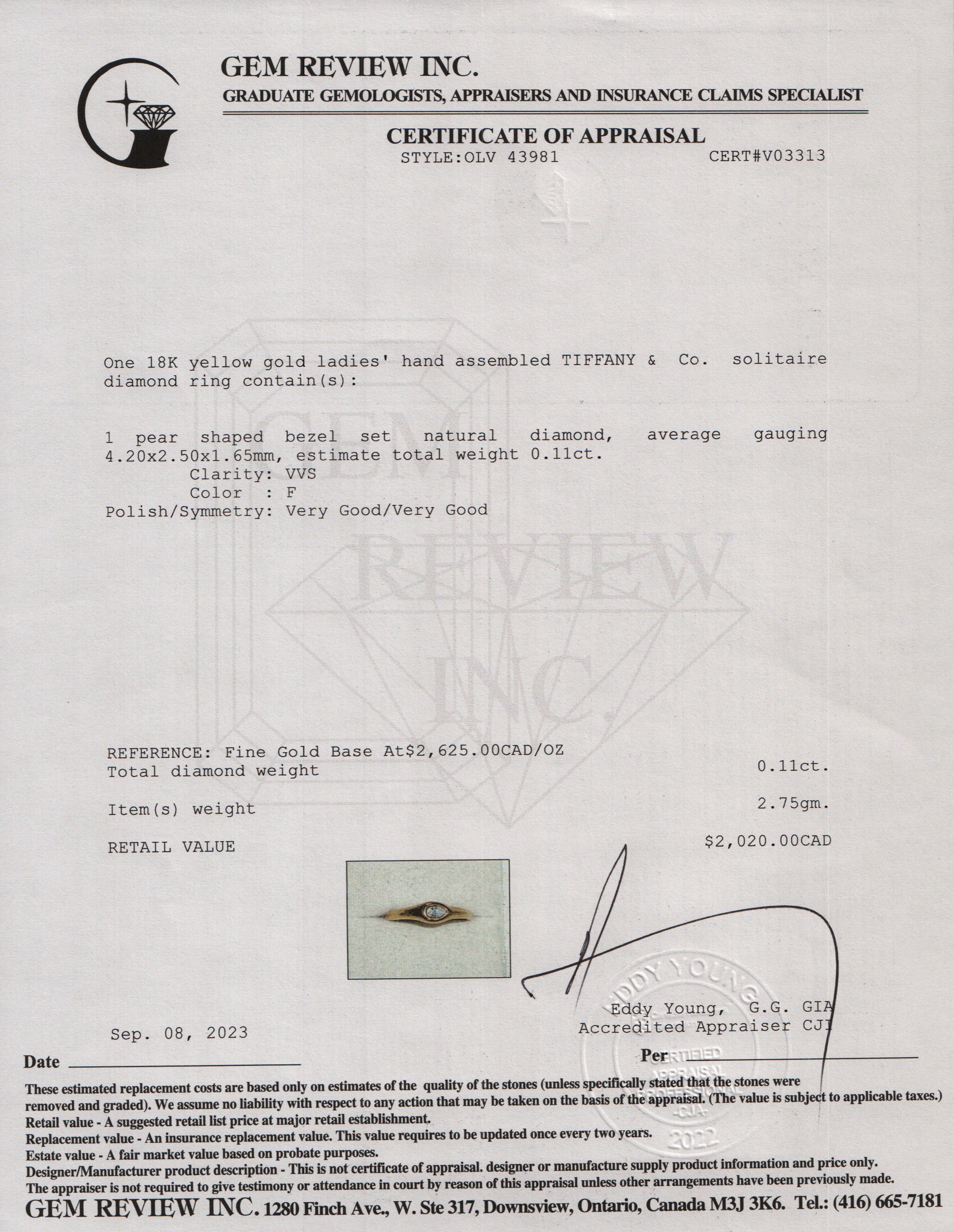 Tiffany & Co. Vintage 18k Yellow Gold Pear Shaped Diamond Ring