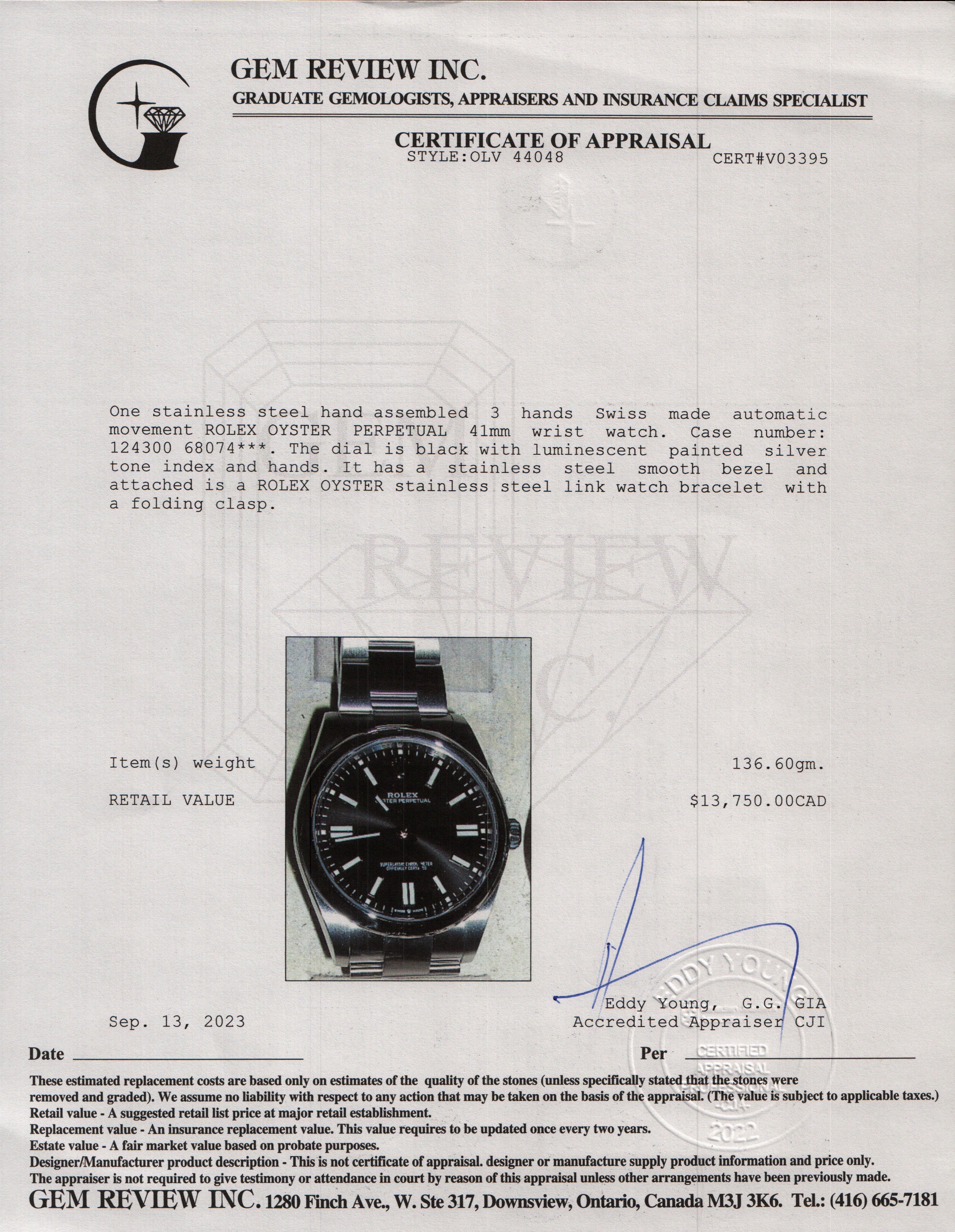 Rolex Stainless Steel Oyster Perpetual 41 MM Watch w/ Box & Papers