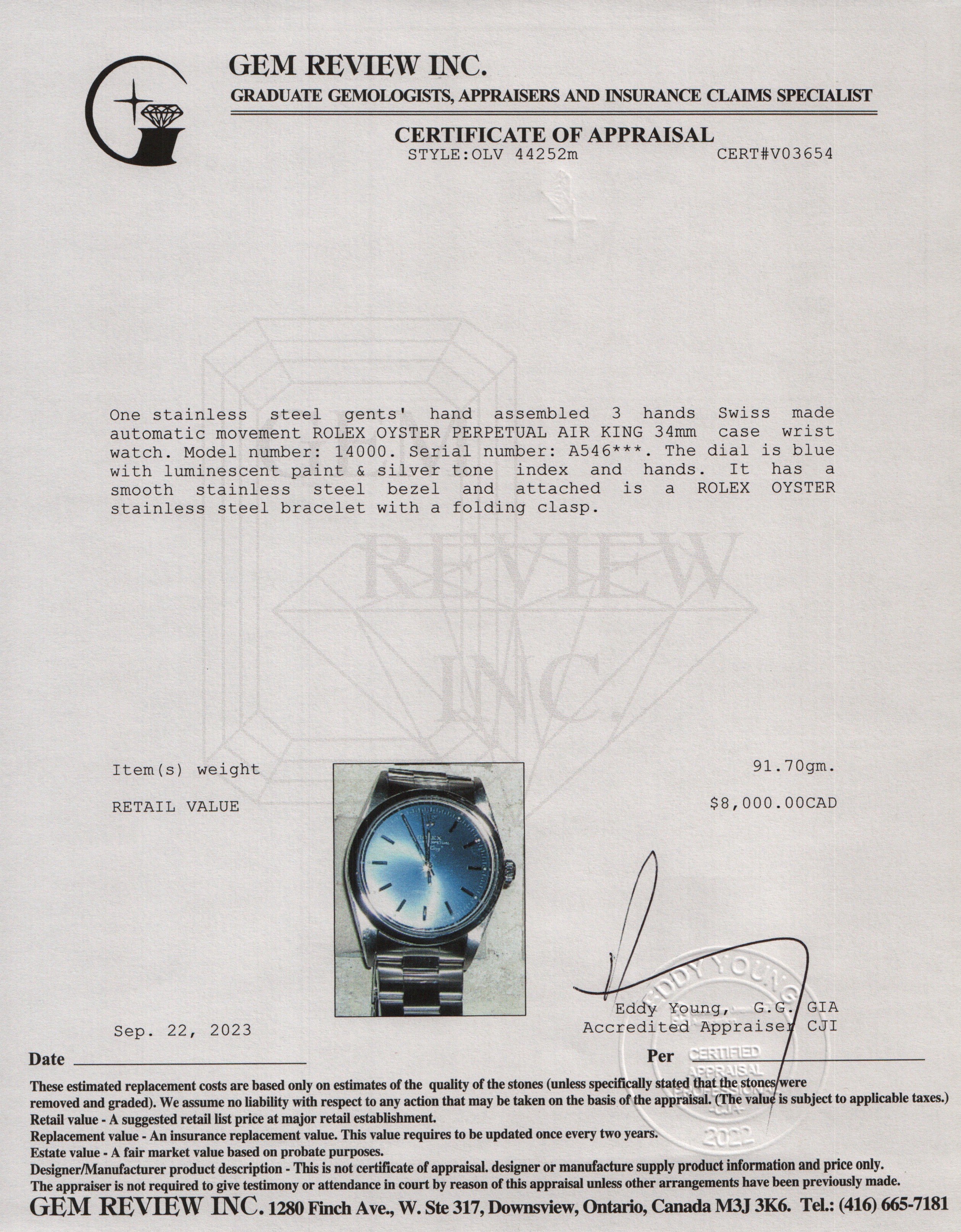 Rolex Stainless Steel Oyster Perpetual Air King 14000 34 MM Watch