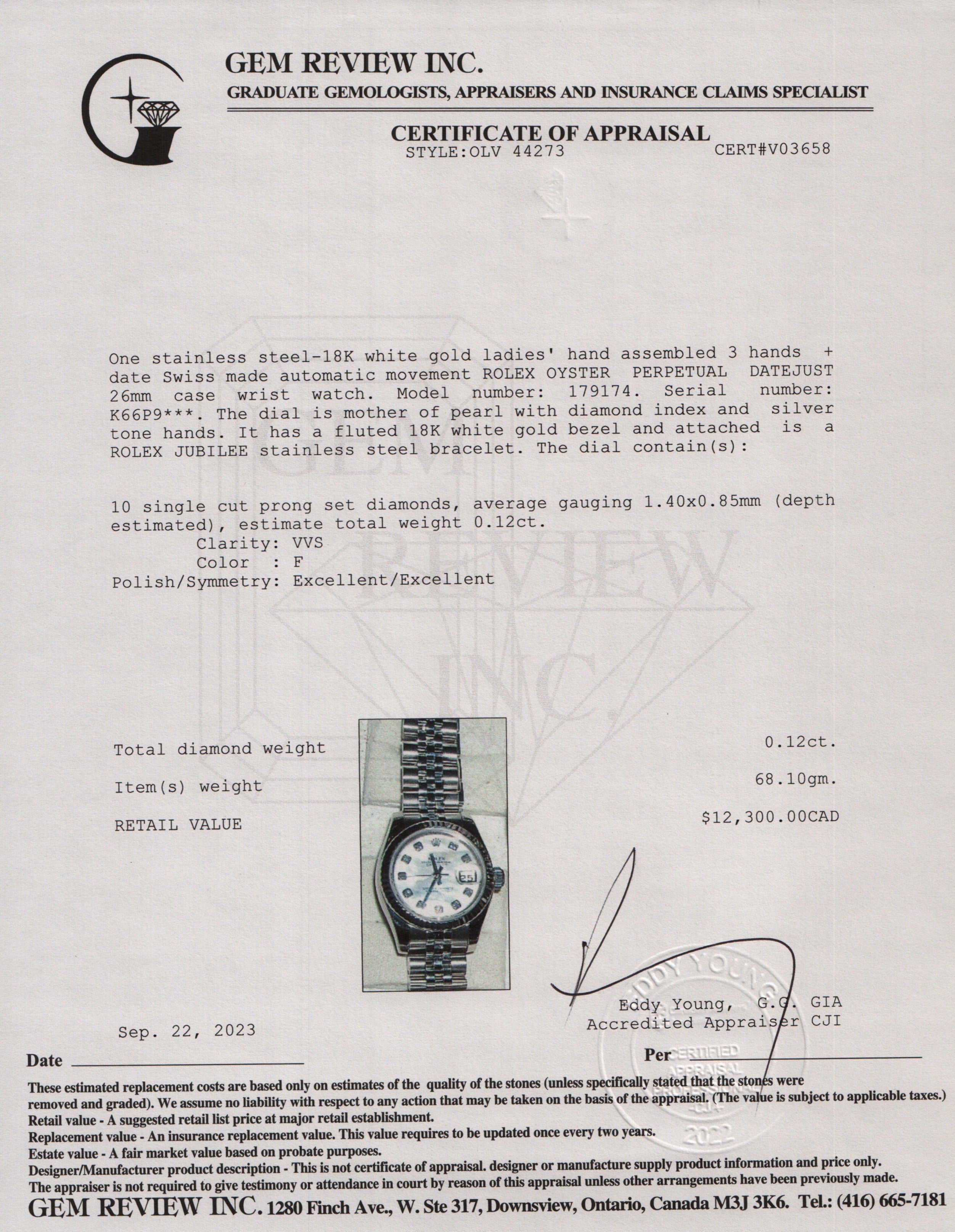 Rolex Stainless Steel Lady-Datejust Mother of Pearl Diamond Dial 26 MM Watch w/ Box & Papers