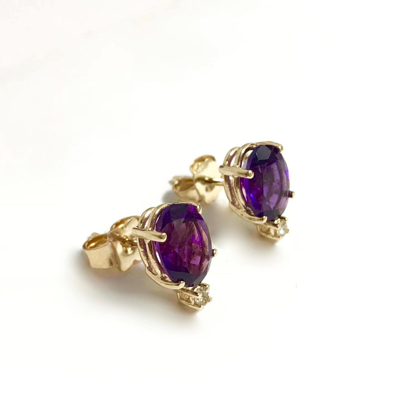 14 Karat Yellow Gold Amethyst and Diamond Earrings