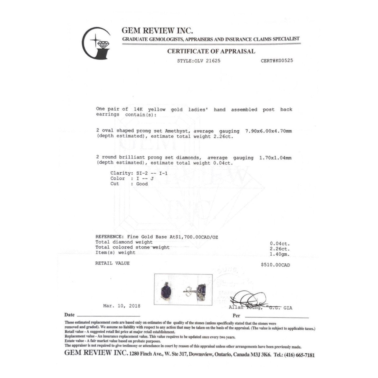 14 Karat Yellow Gold Amethyst and Diamond Earrings