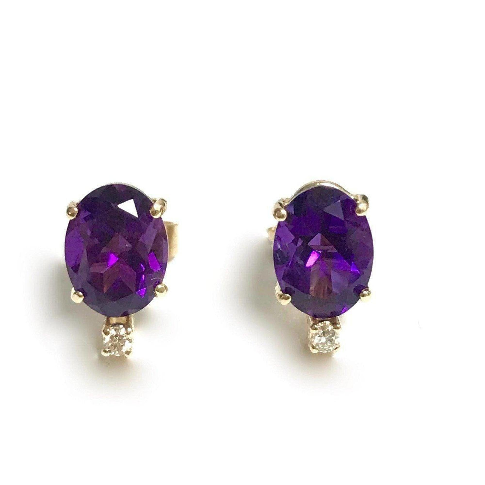 14 Karat Yellow Gold Amethyst and Diamond Earrings