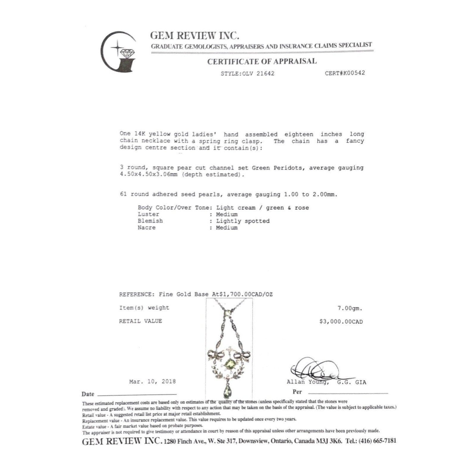 14 Karat Yellow Gold Peridot and Seed Pearl Chain Necklace
