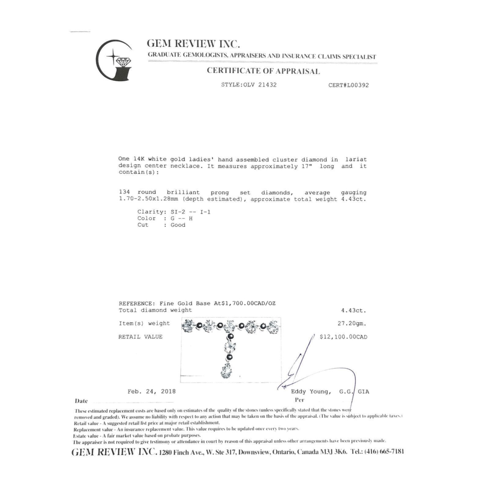 14K White Gold Lariat Design Diamond Cluster Necklace