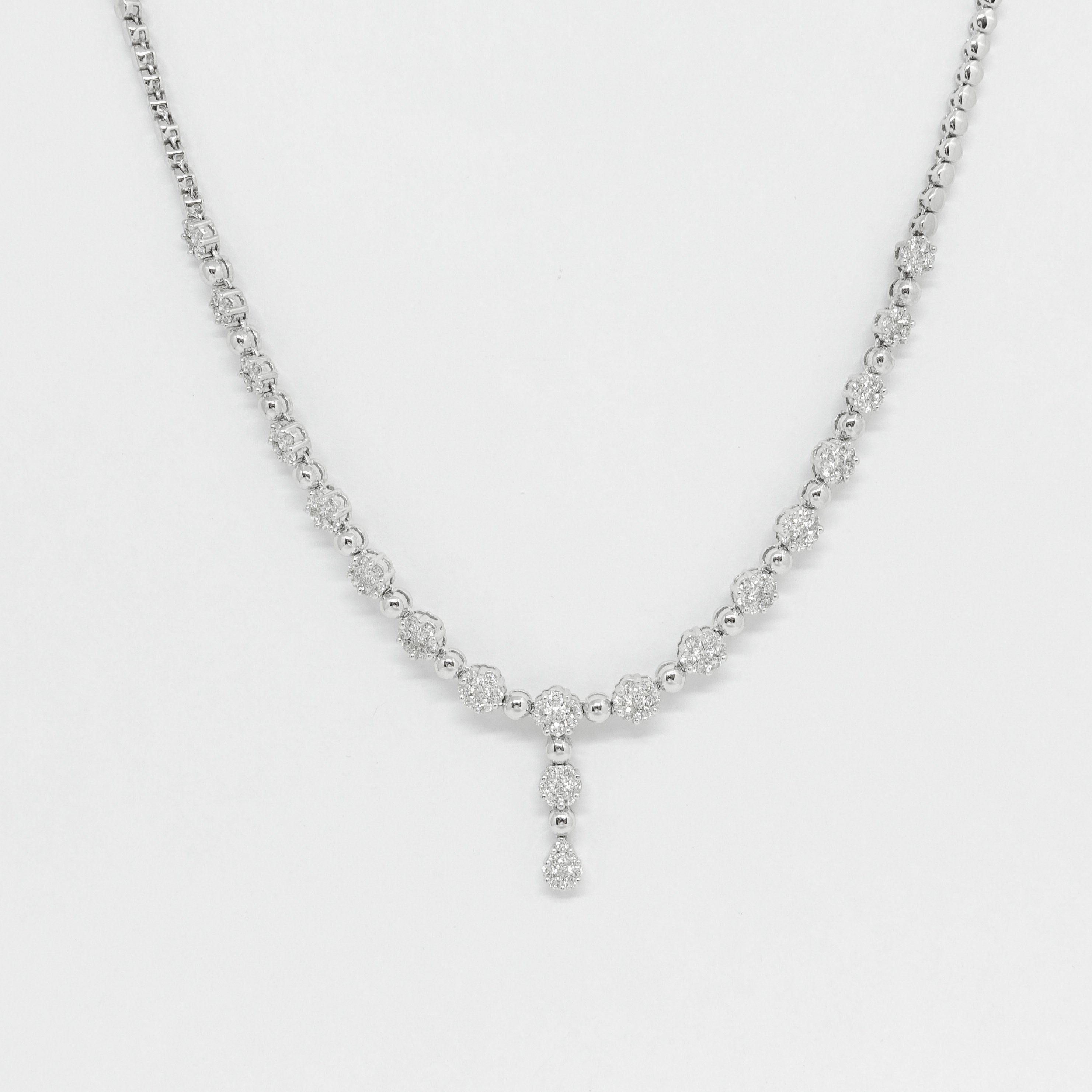 14K White Gold Lariat Design Diamond Cluster Necklace