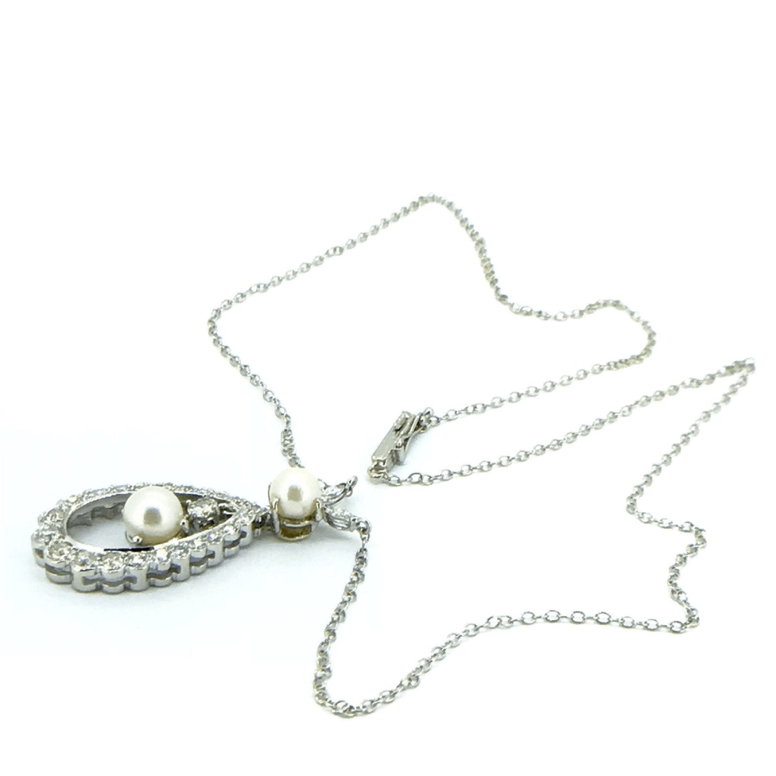 14K White Gold Pearl and Diamond Lariat Necklace
