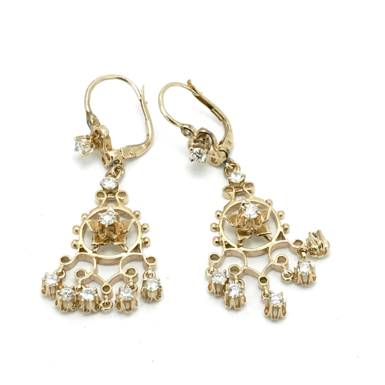 14K Yellow Gold Antique Drop Design Diamond Earrings