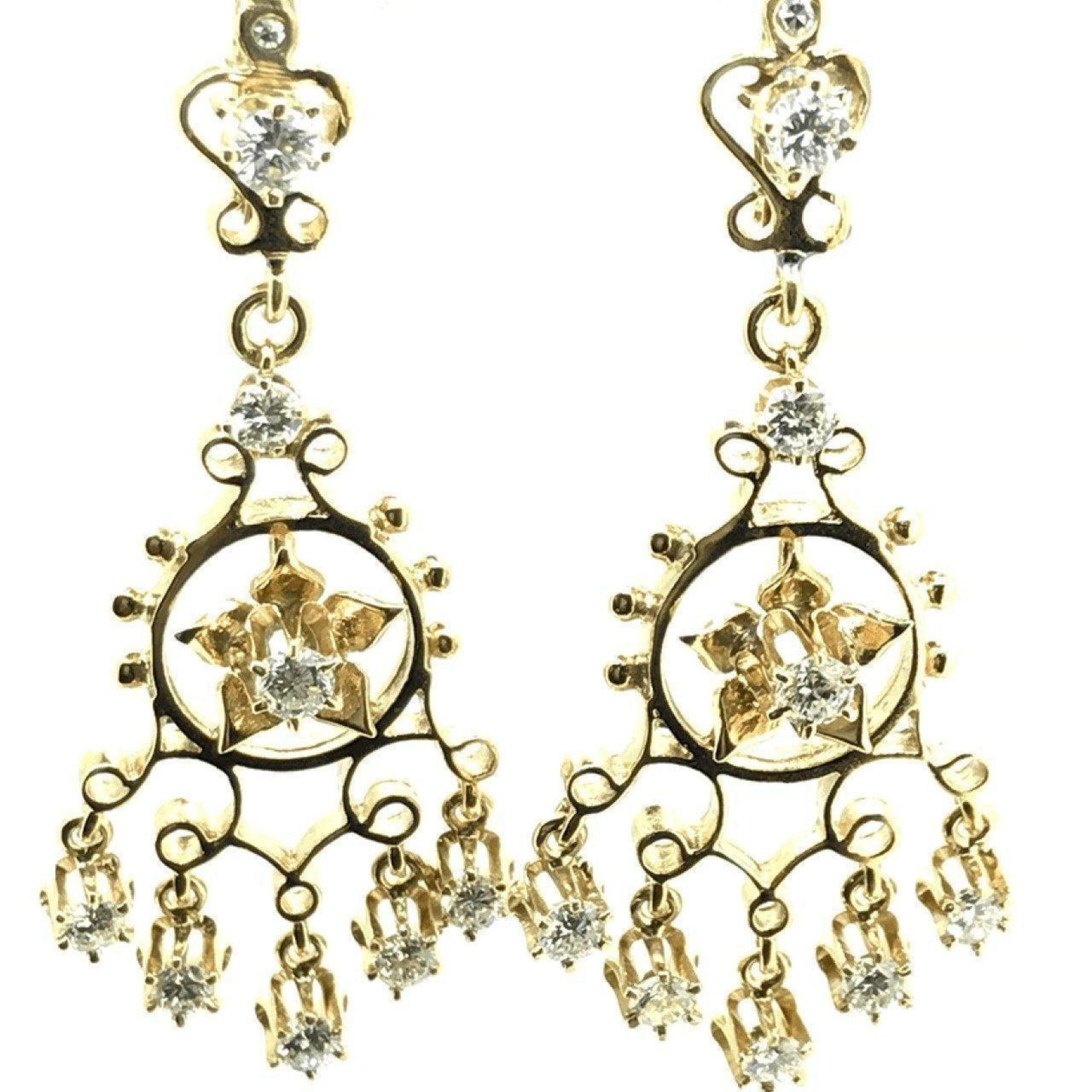 14K Yellow Gold Antique Drop Design Diamond Earrings