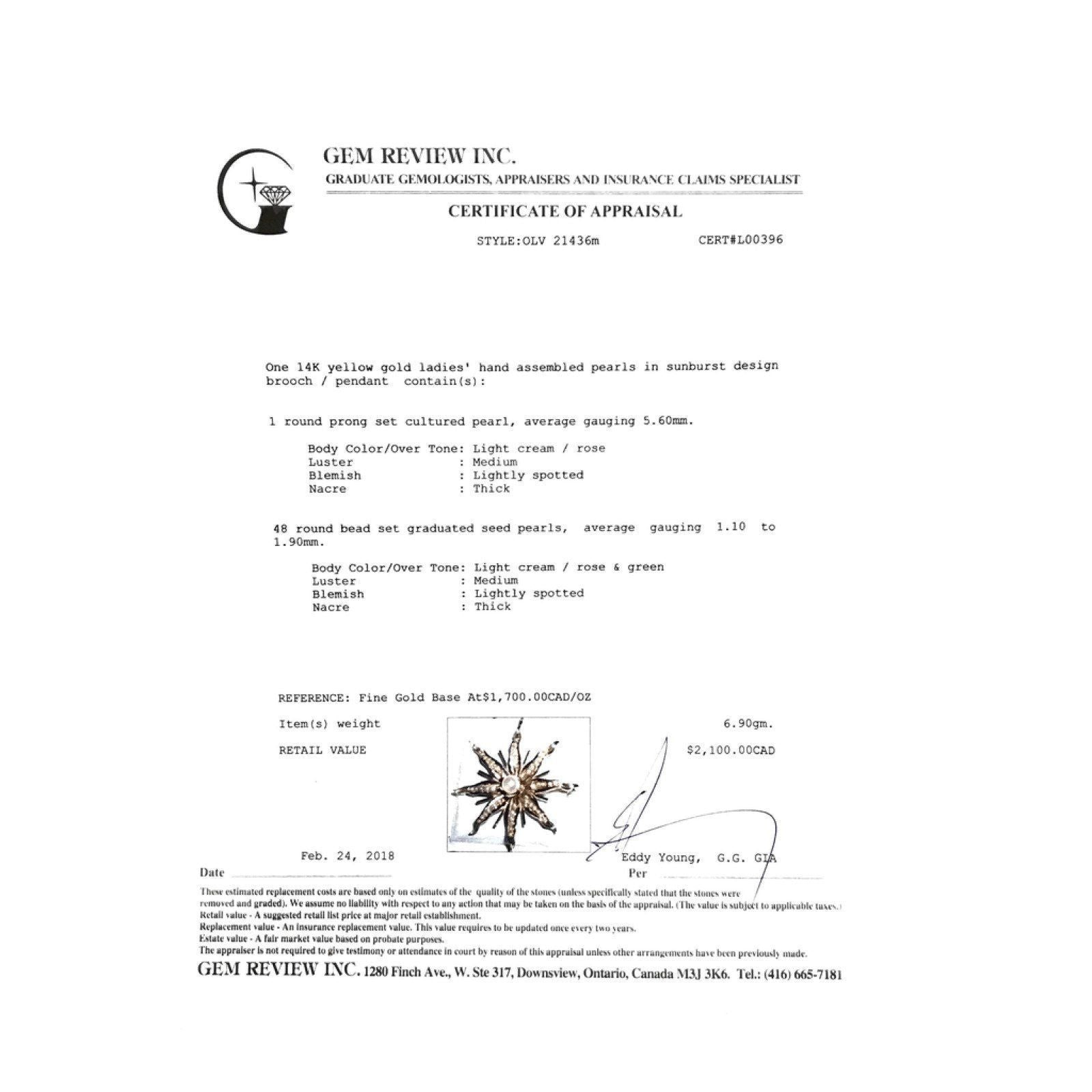 14K Yellow Gold Pearls in Sunburst Design Brooch