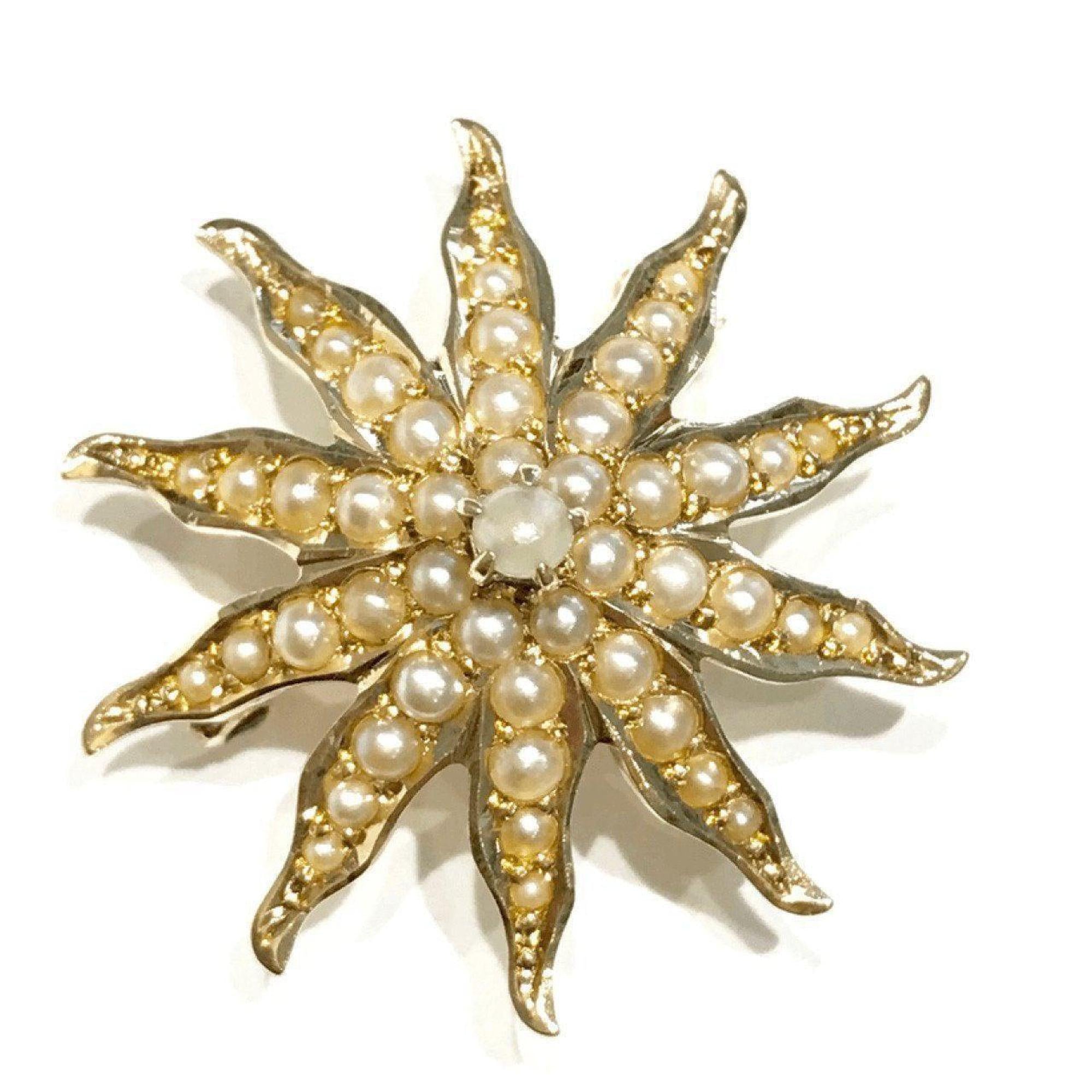 14K Yellow Gold Pearls in Sunburst Design Brooch