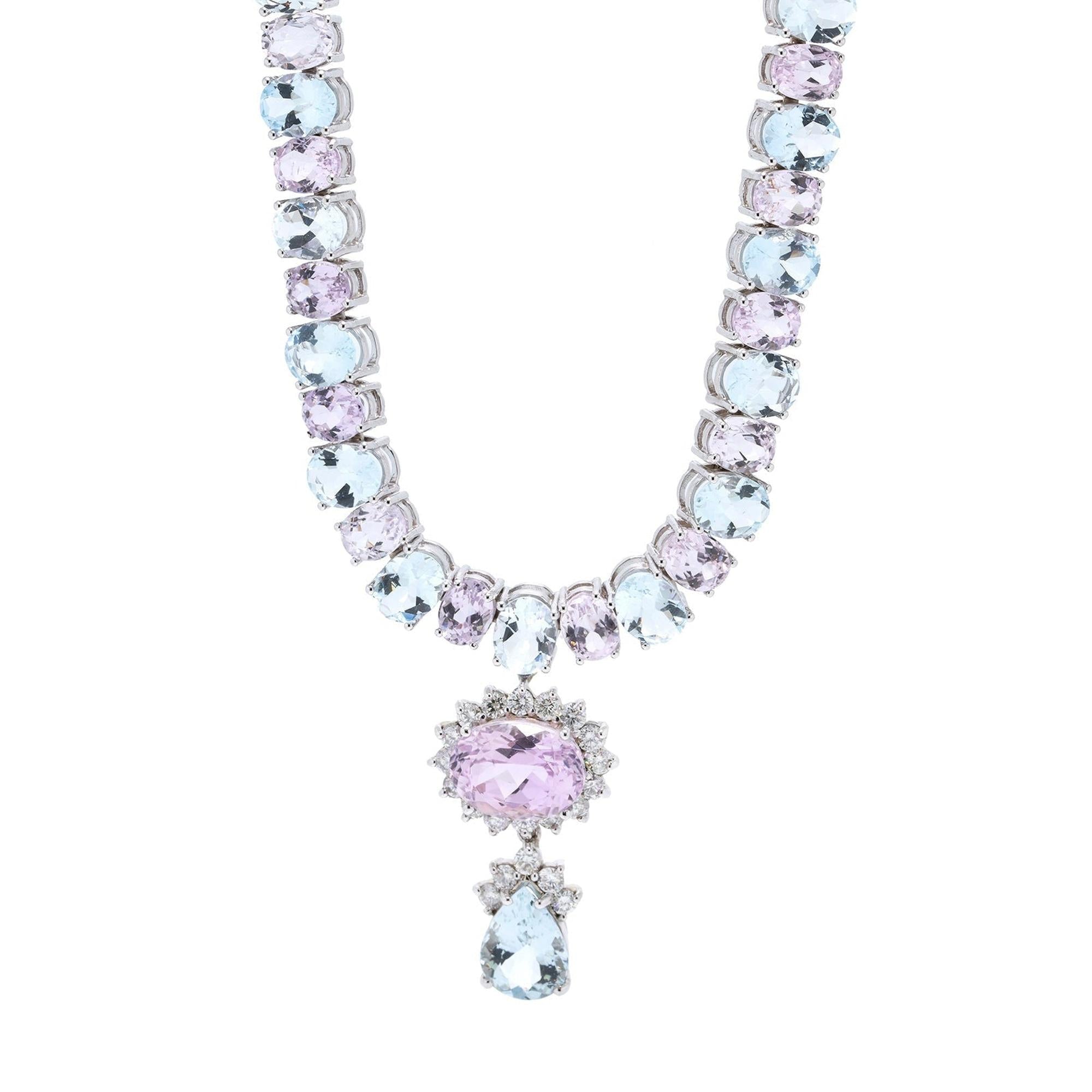 14k White Gold Aquamarine, Kunzite & Diamond Necklace