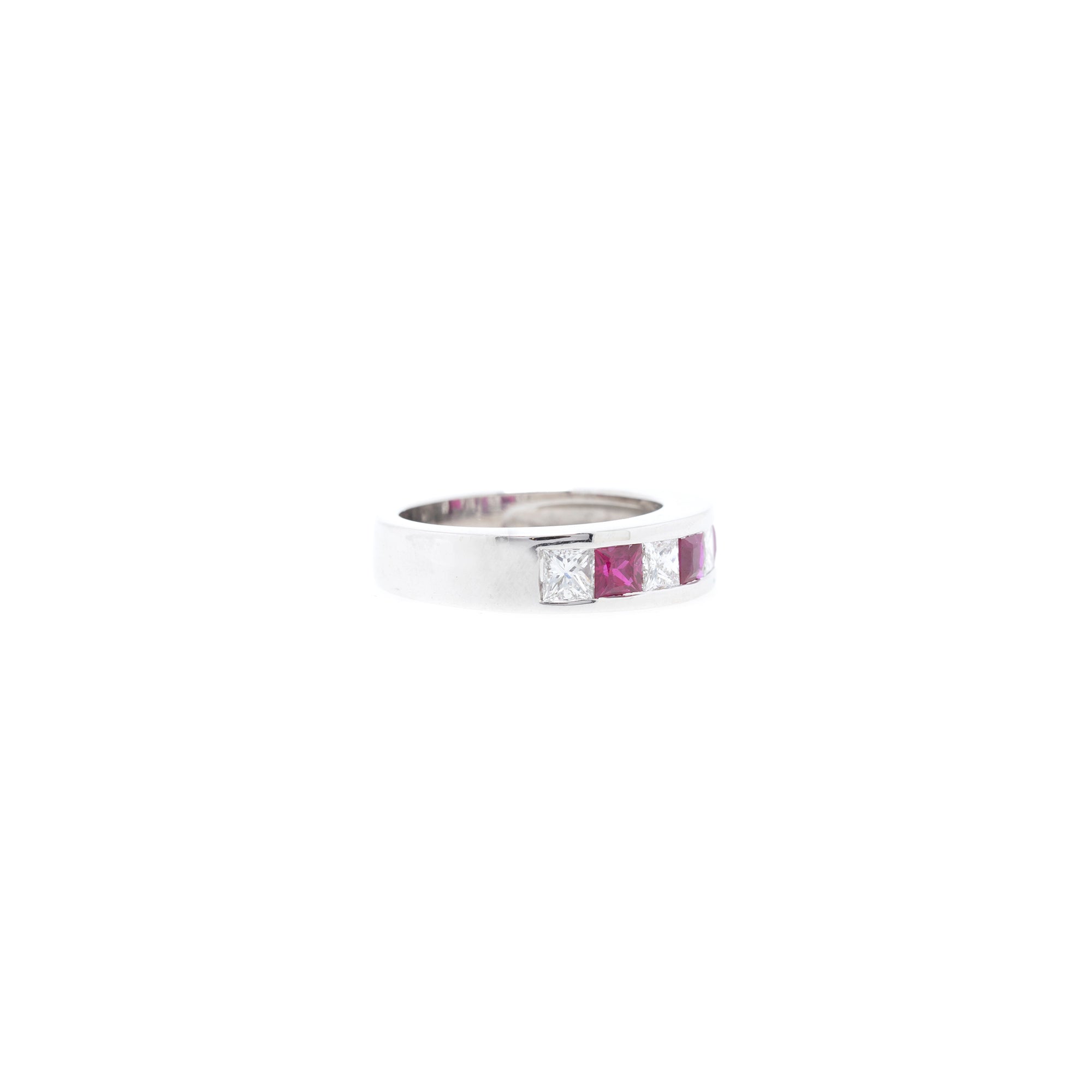 14k White Gold Princess Cut Ruby & Diamond Band Ring