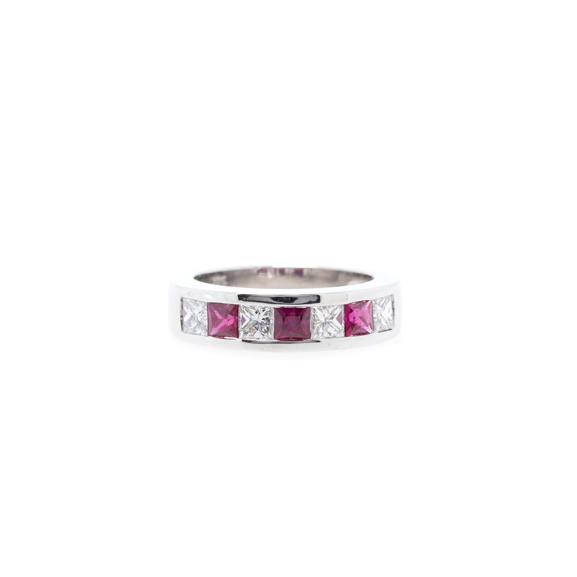 14k White Gold Princess Cut Ruby & Diamond Band Ring