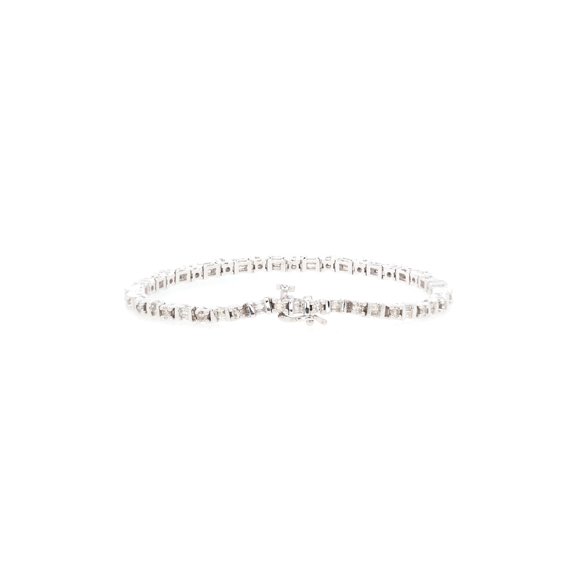 14k White Gold Round & Baguette Cut Diamond Tennis Bracelet