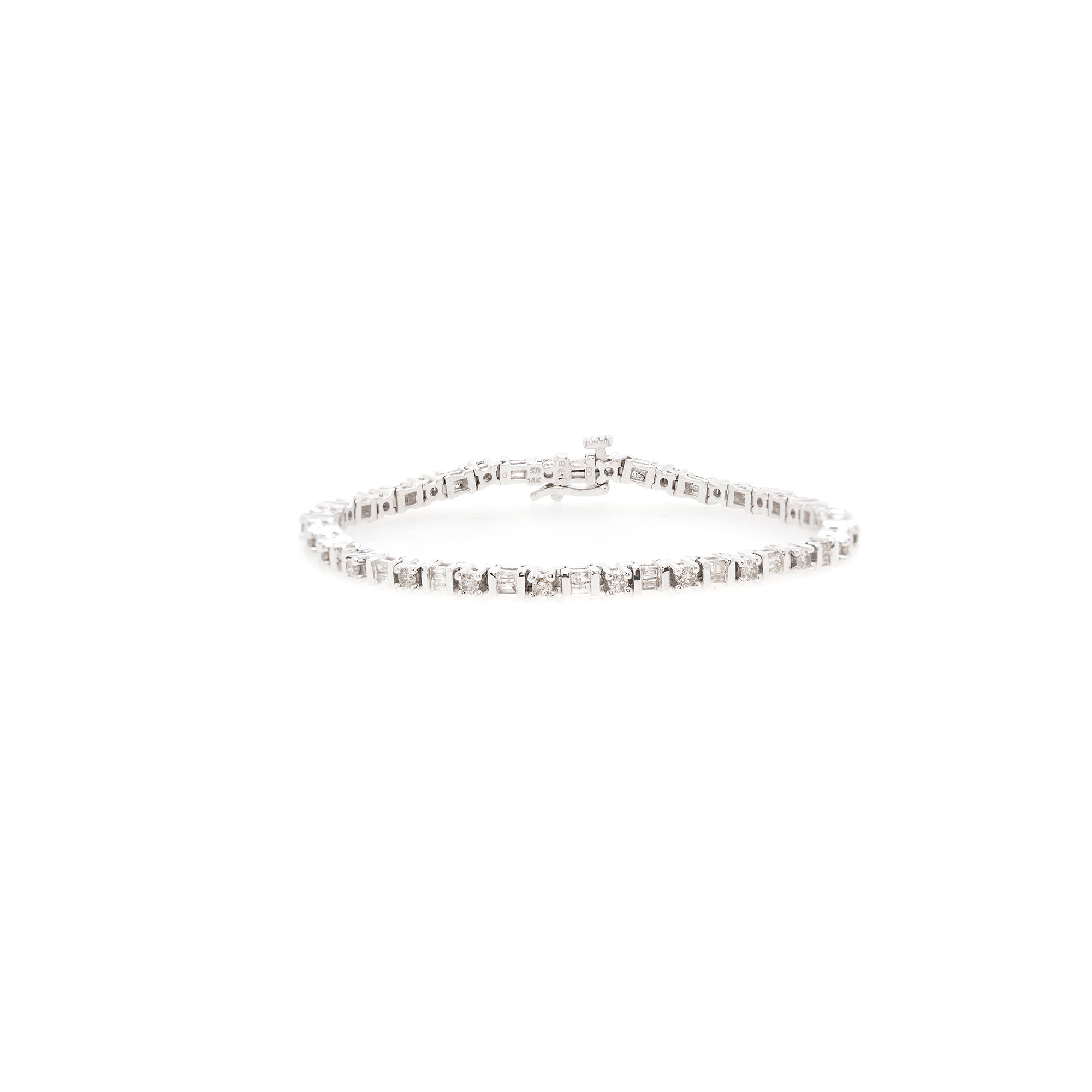 14k White Gold Round & Baguette Cut Diamond Tennis Bracelet