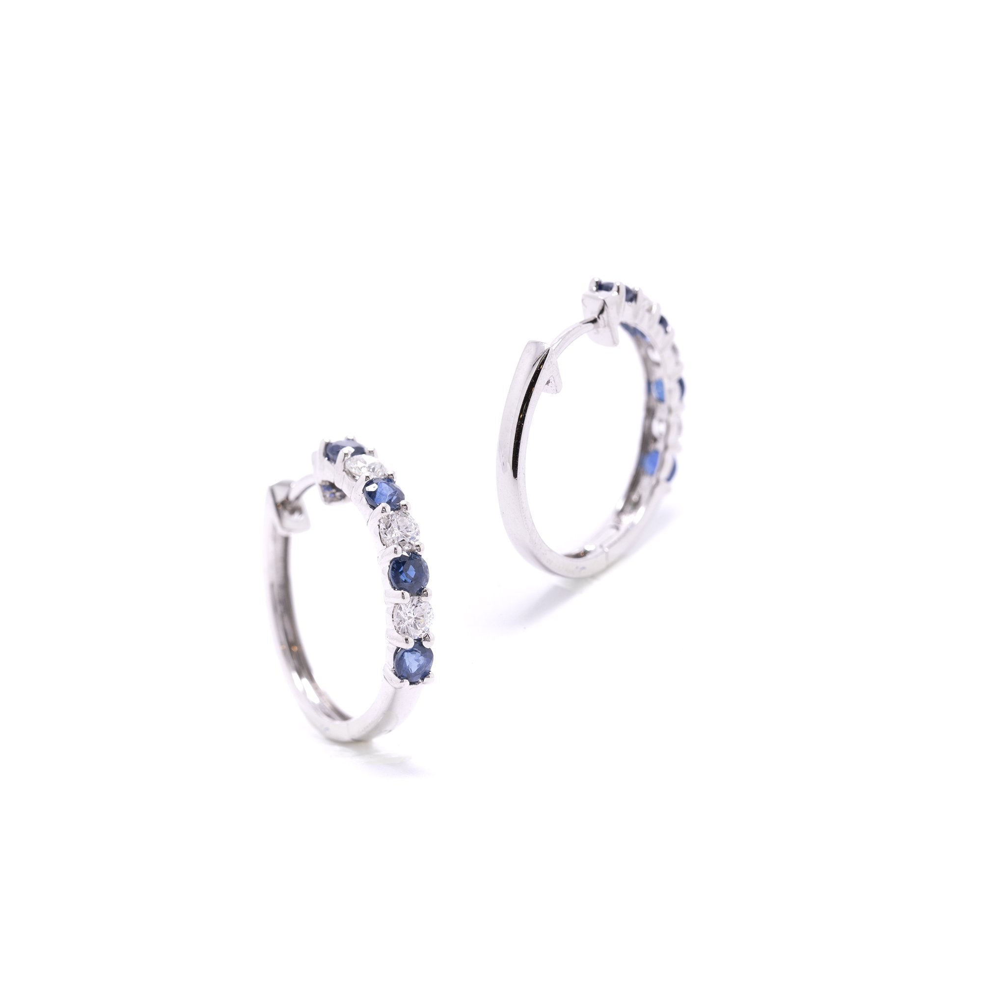 14k White Gold Sapphire & Diamond Hoop Earrings