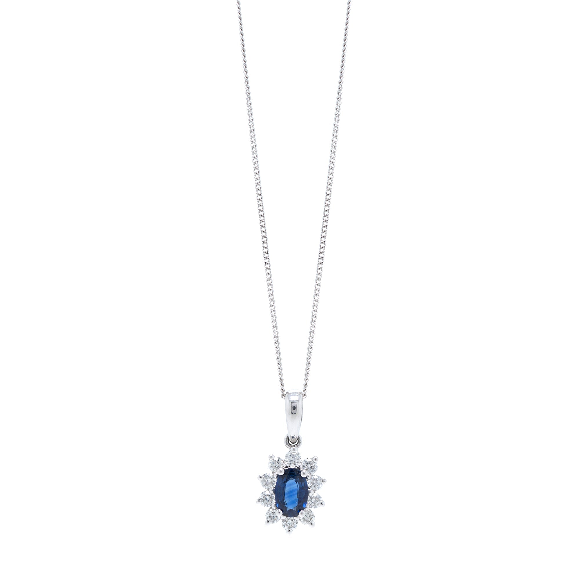 14k White Gold Sapphire & Diamond Pendant Necklace