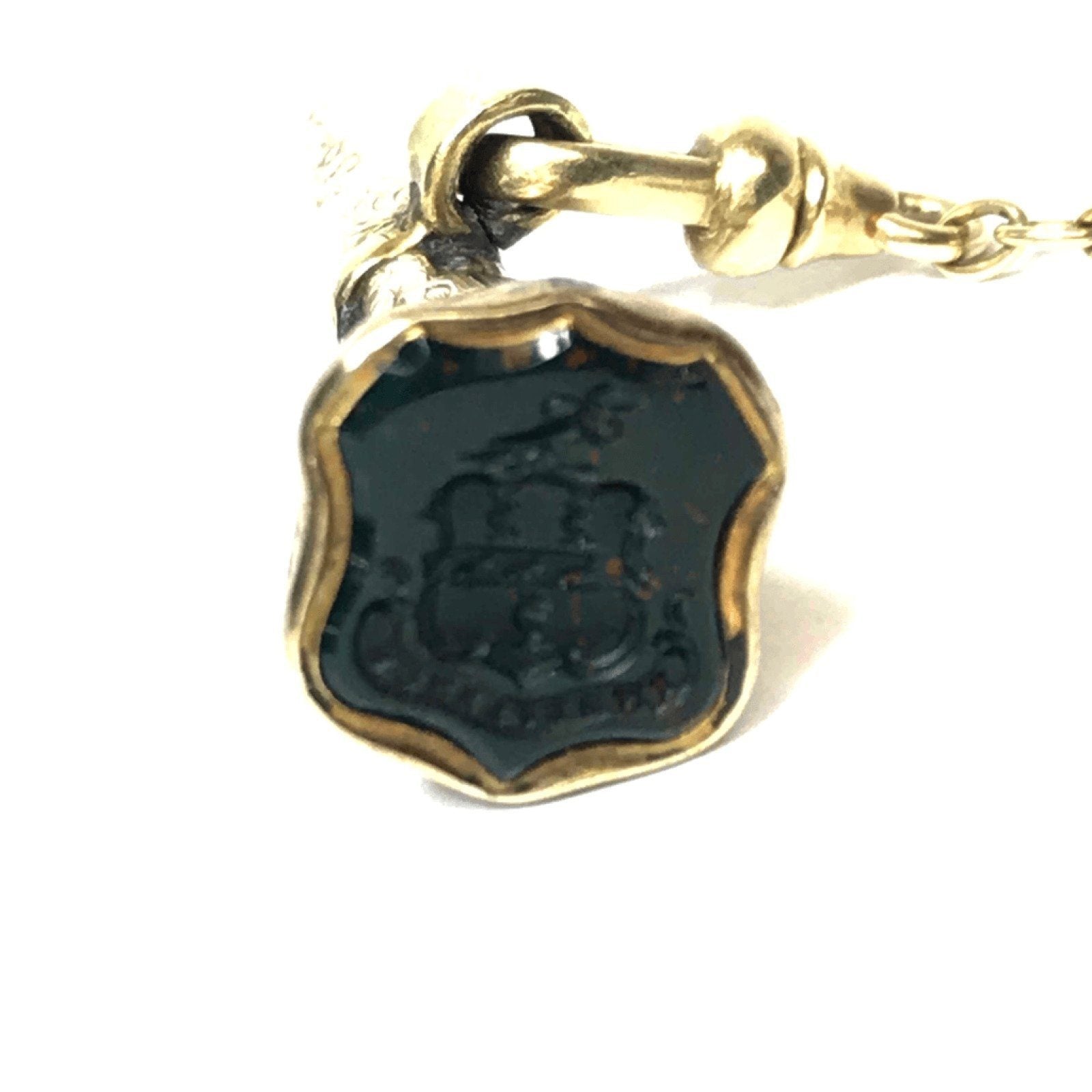 14K Yellow Gold Bloodstone/Chalcedony Intaglio Crest Wax Seal Fob on a Chain