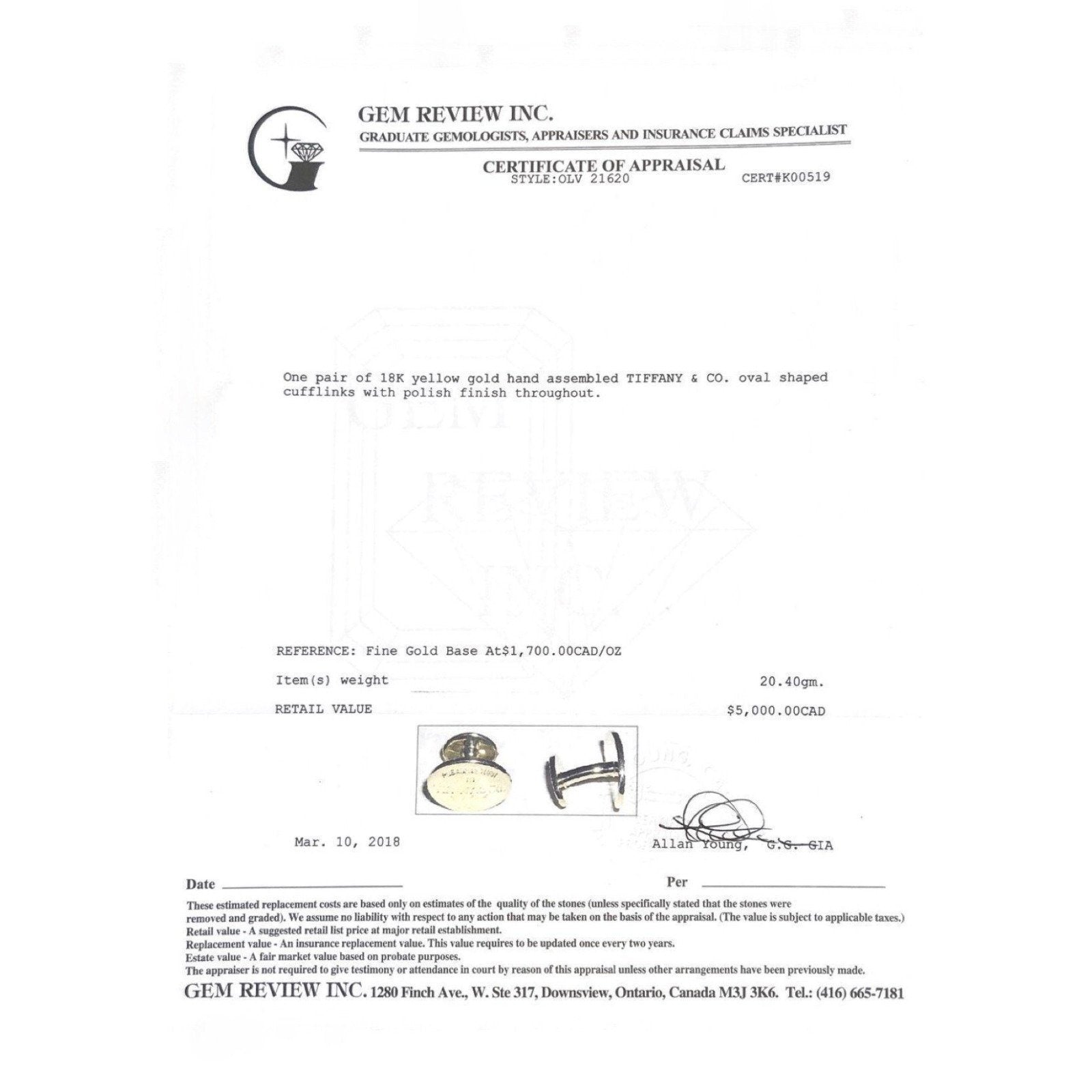 18 Karat Yellow Gold Tiffany & Co. Cufflinks