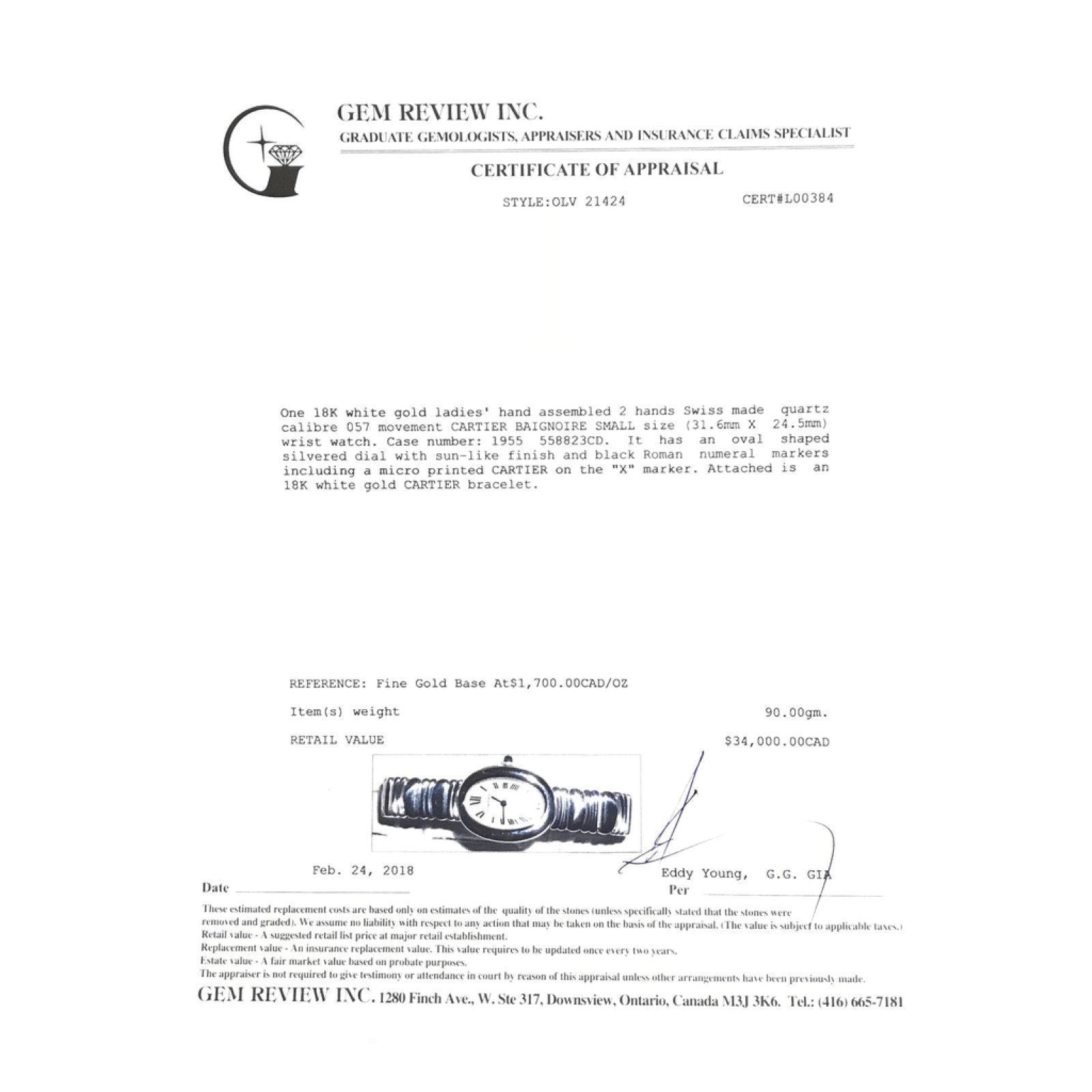 18K White Gold Cartier Baignoire Quartz Ladies' Wrist Watch