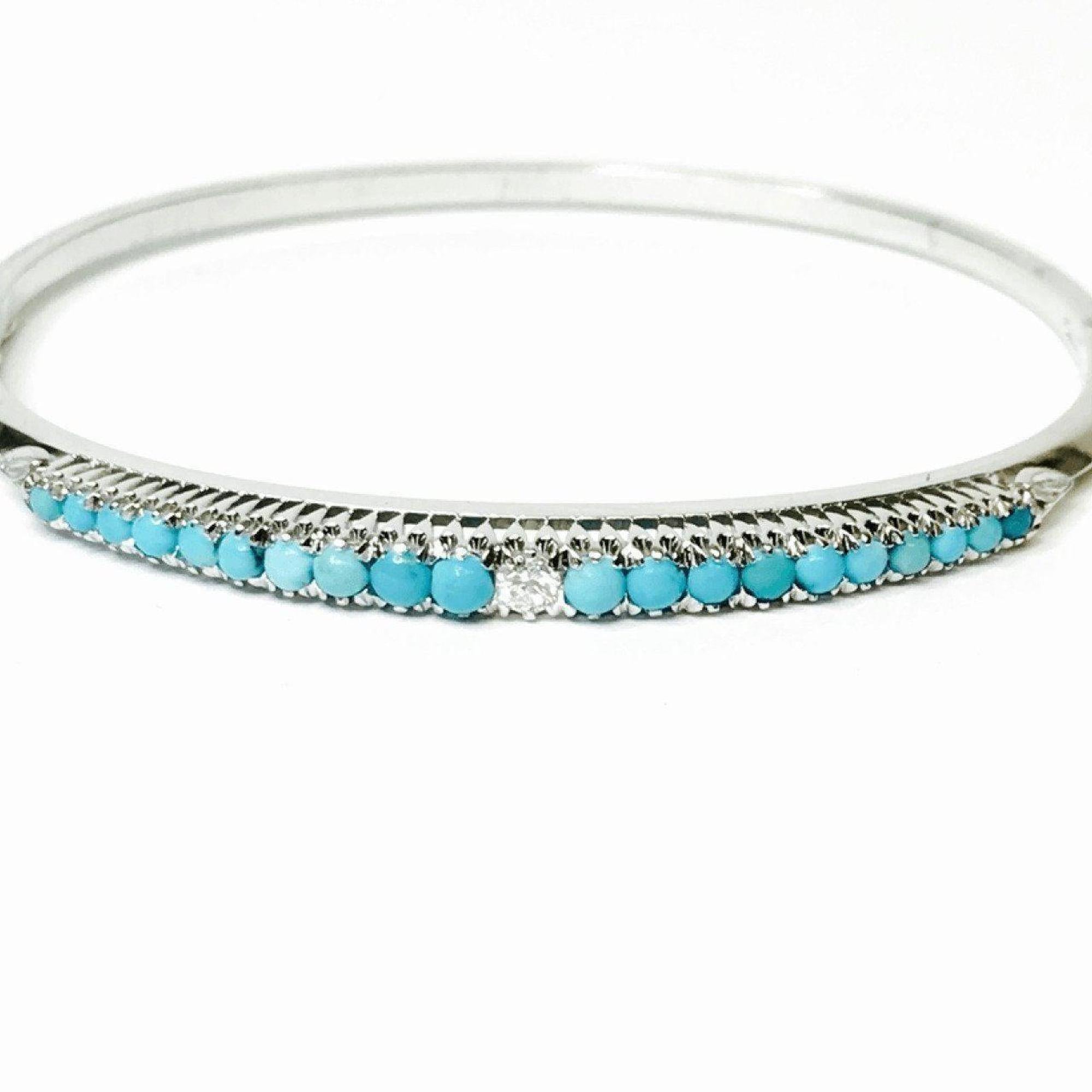 18K White Gold Diamond and Turquoise Bangle Bracelet