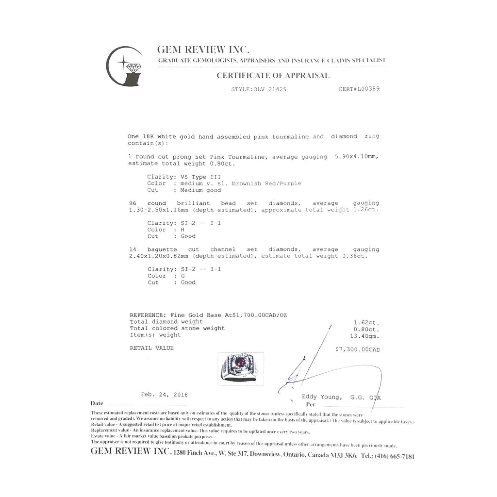 18K White Gold Pink Tourmaline and Diamond Ring