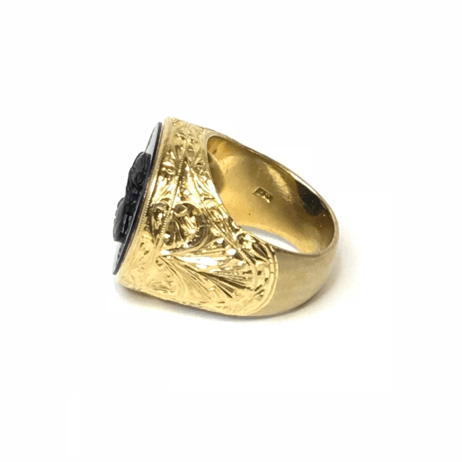 18K Yellow Gold Carved Mer Curius Hermes Black Onyx Ring