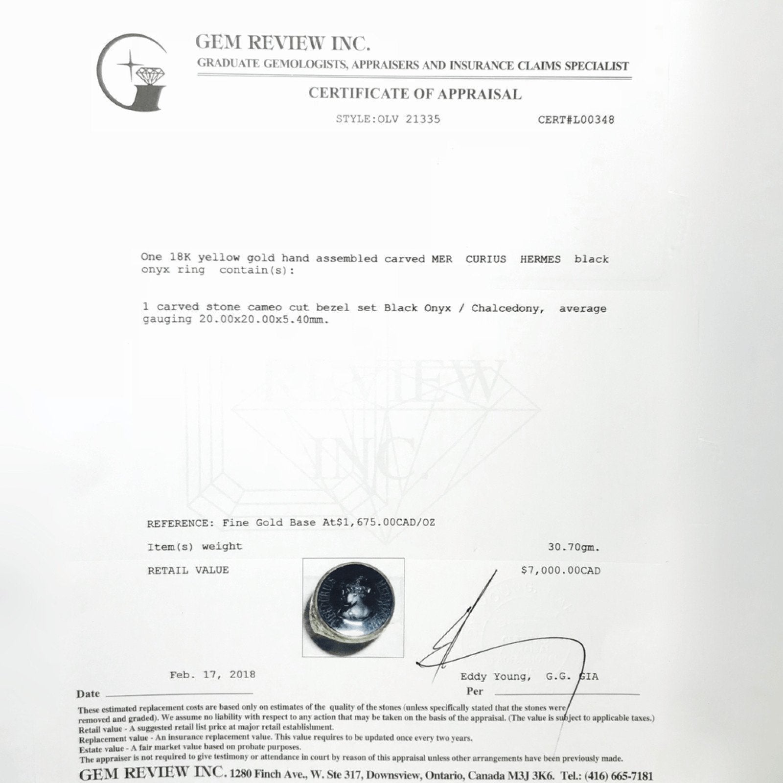 18K Yellow Gold Carved Mer Curius Hermes Black Onyx Ring