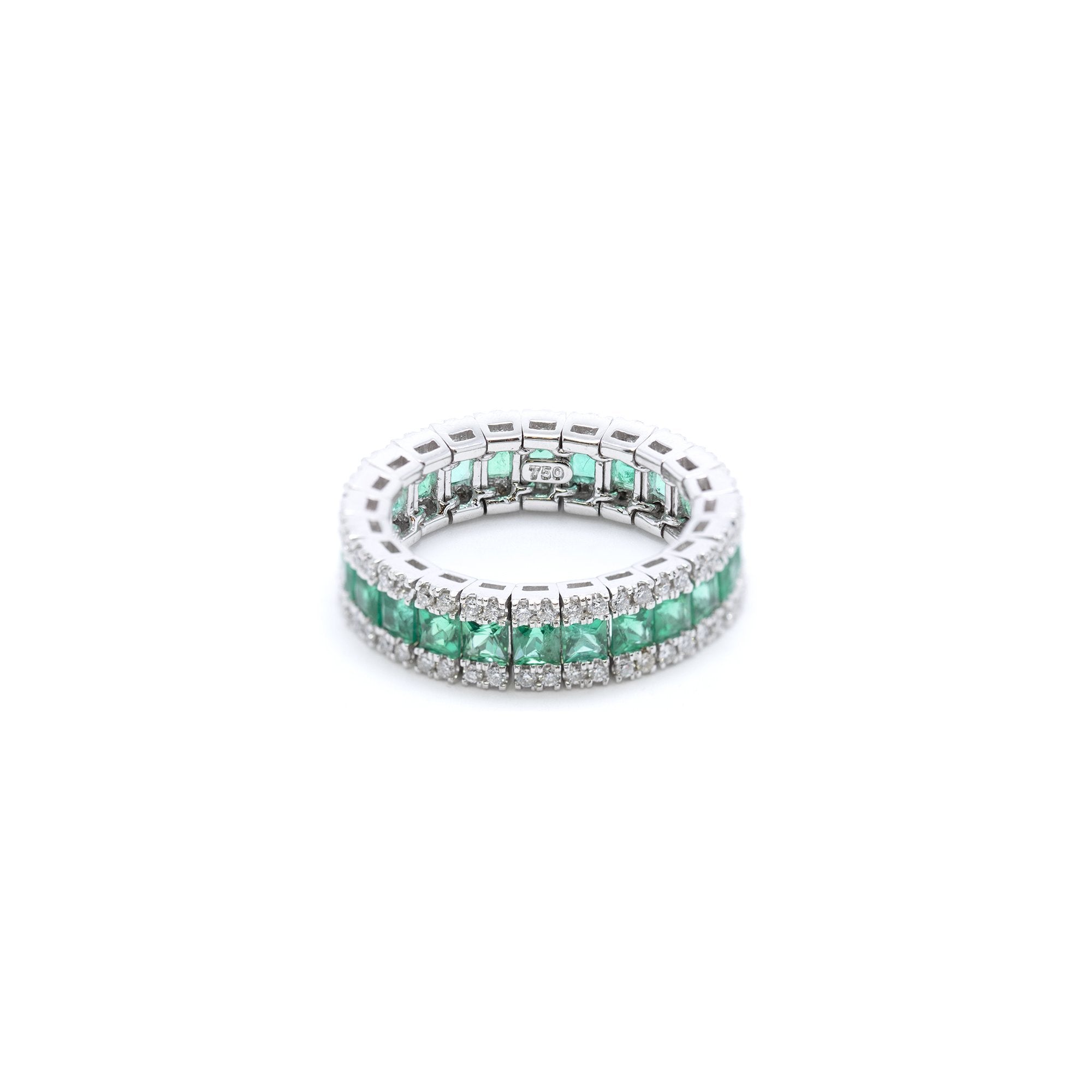 18k White Gold Emerald & Diamond Flexible Band Ring