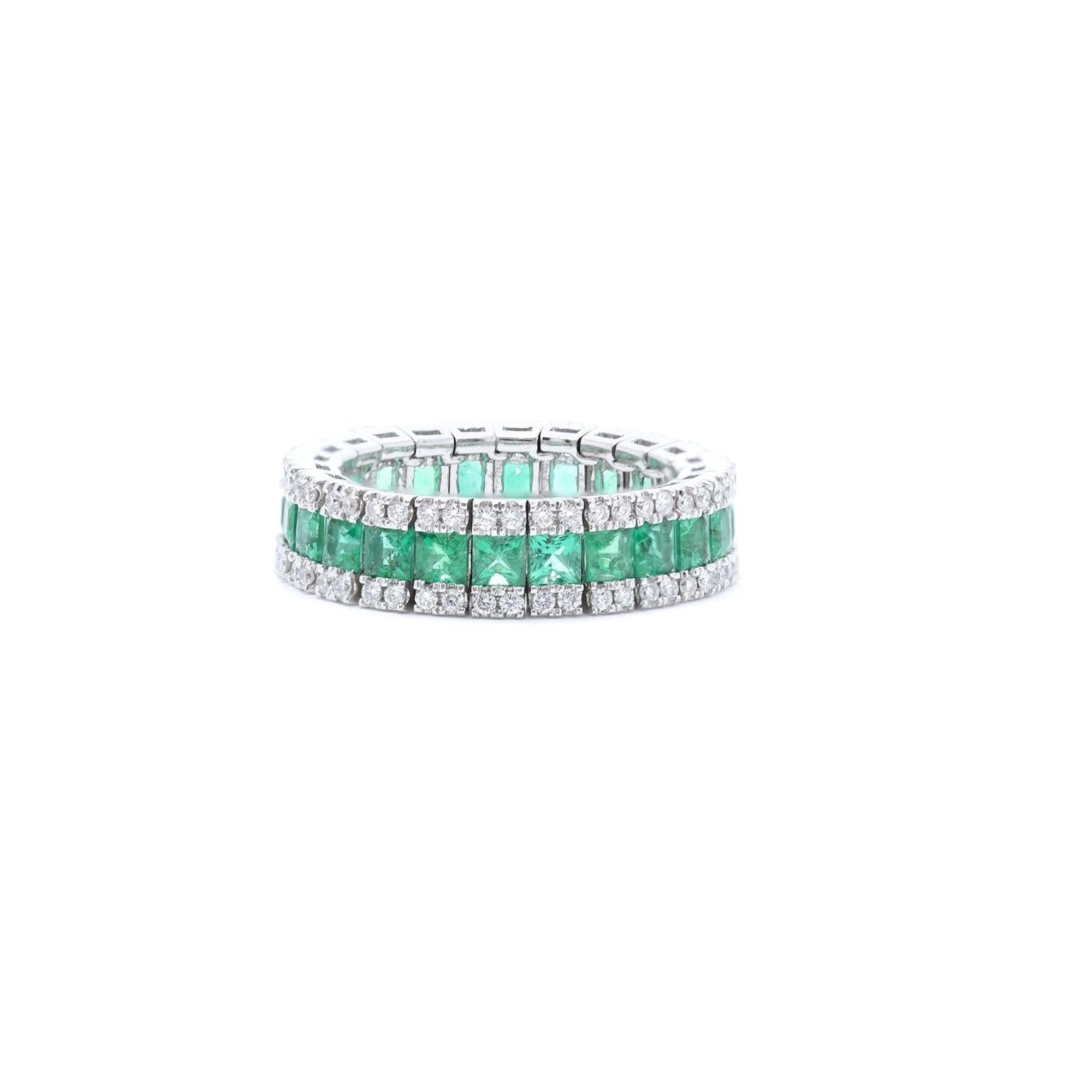 18k White Gold Emerald & Diamond Flexible Band Ring