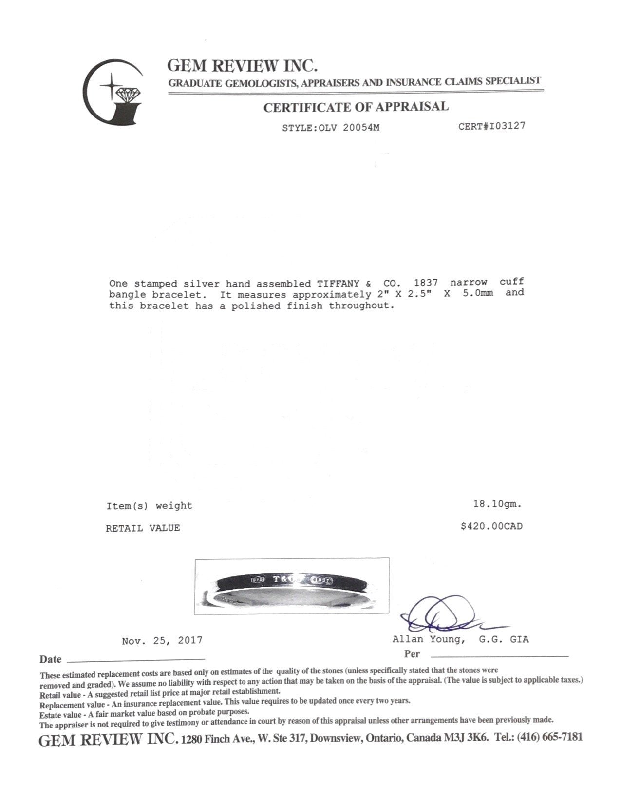 Tiffany & Co. 1837 Narrow Cuff