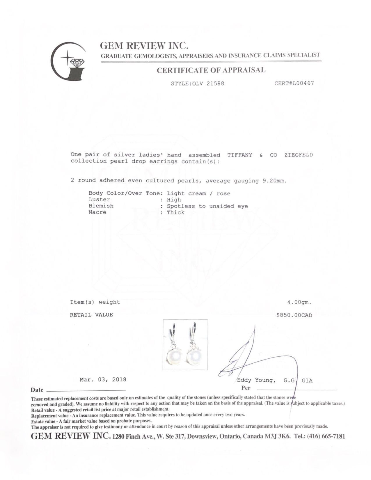 Tiffany & Co. Ziegfeld Pearl Earrings in Sterling Silver