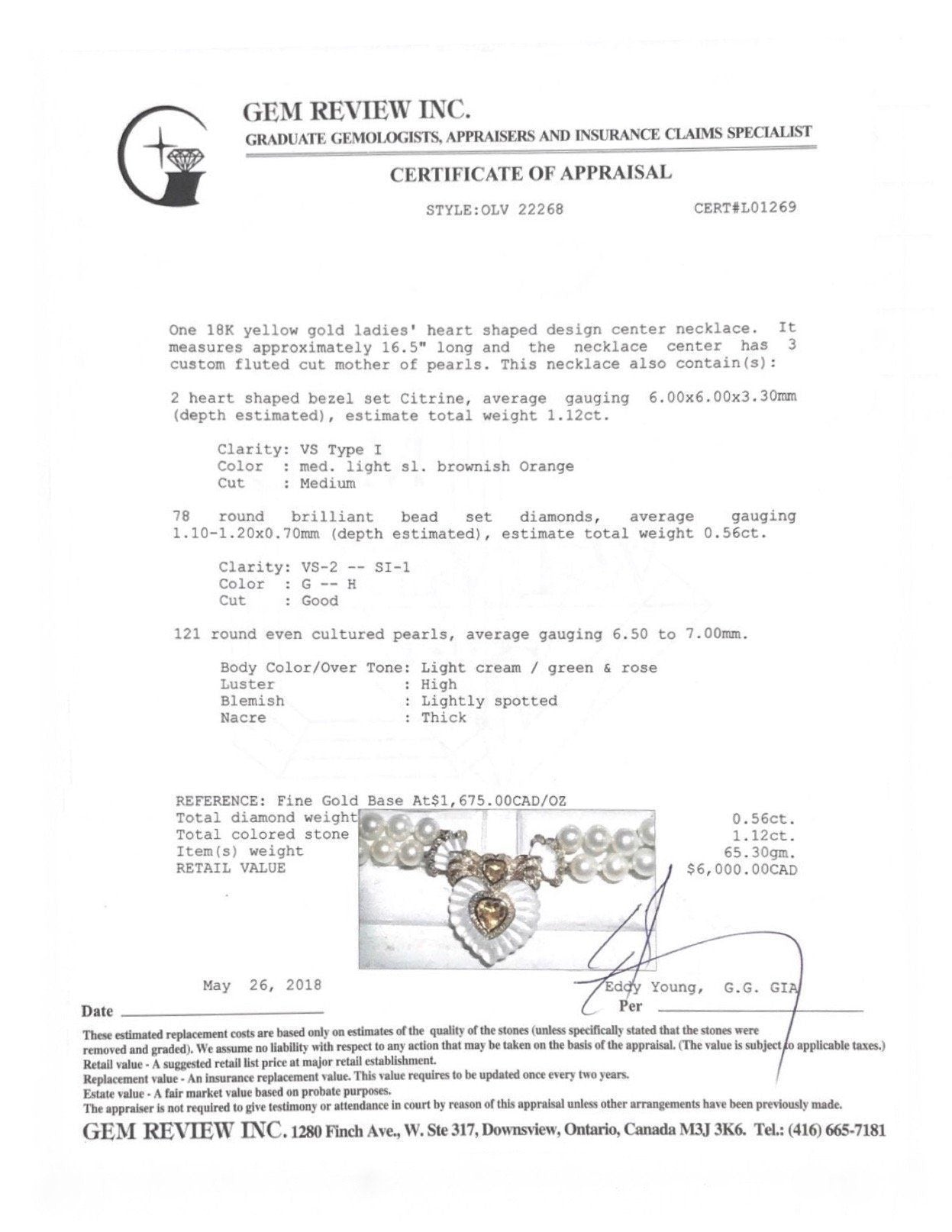 Pearl Necklace with Heart Shaped Citrine and Mother of Pearl Clasp