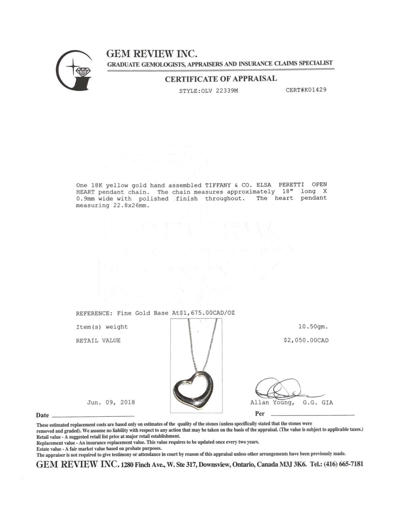 Tiffany and Co. Gold Elsa Peretti Open Heart Pendant Necklace