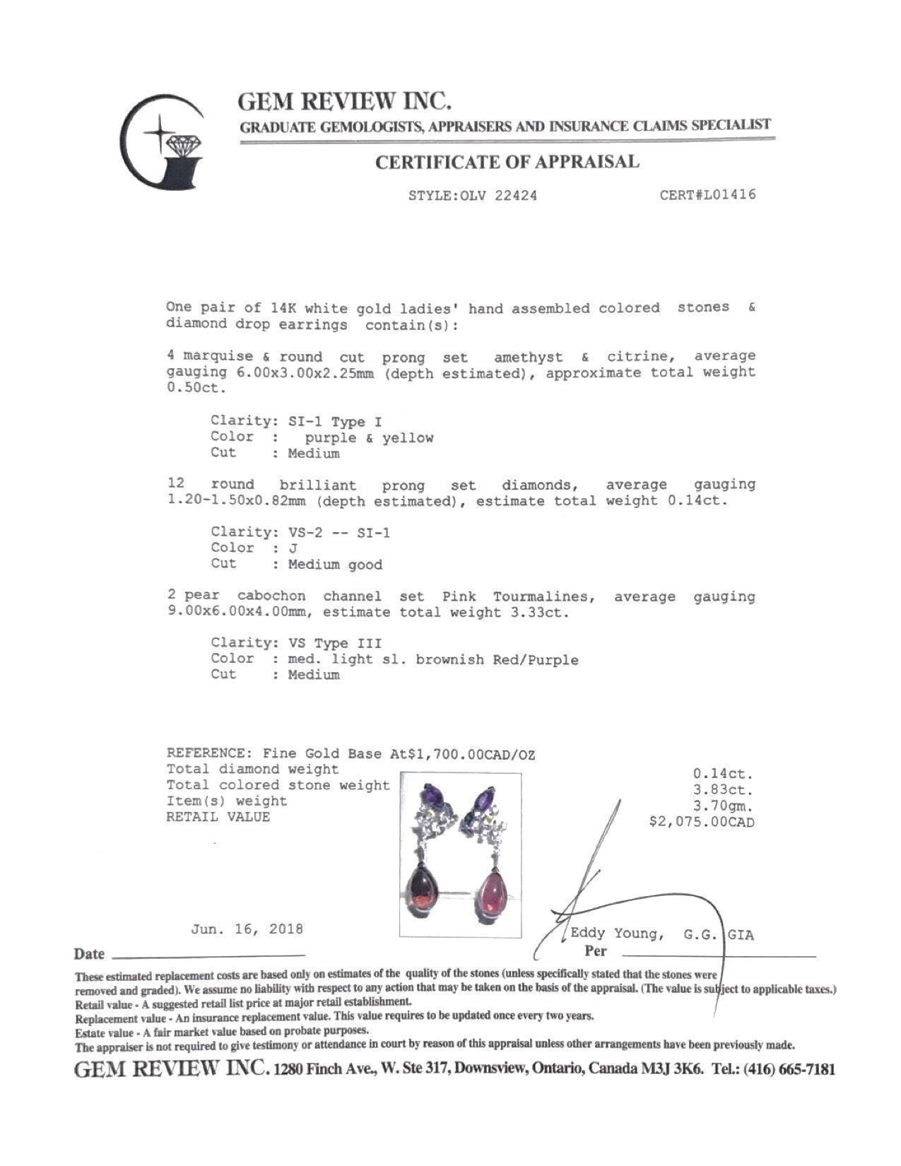 Pink Tourmaline, Citrine, Amethyst, and Diamond Drop Earrings