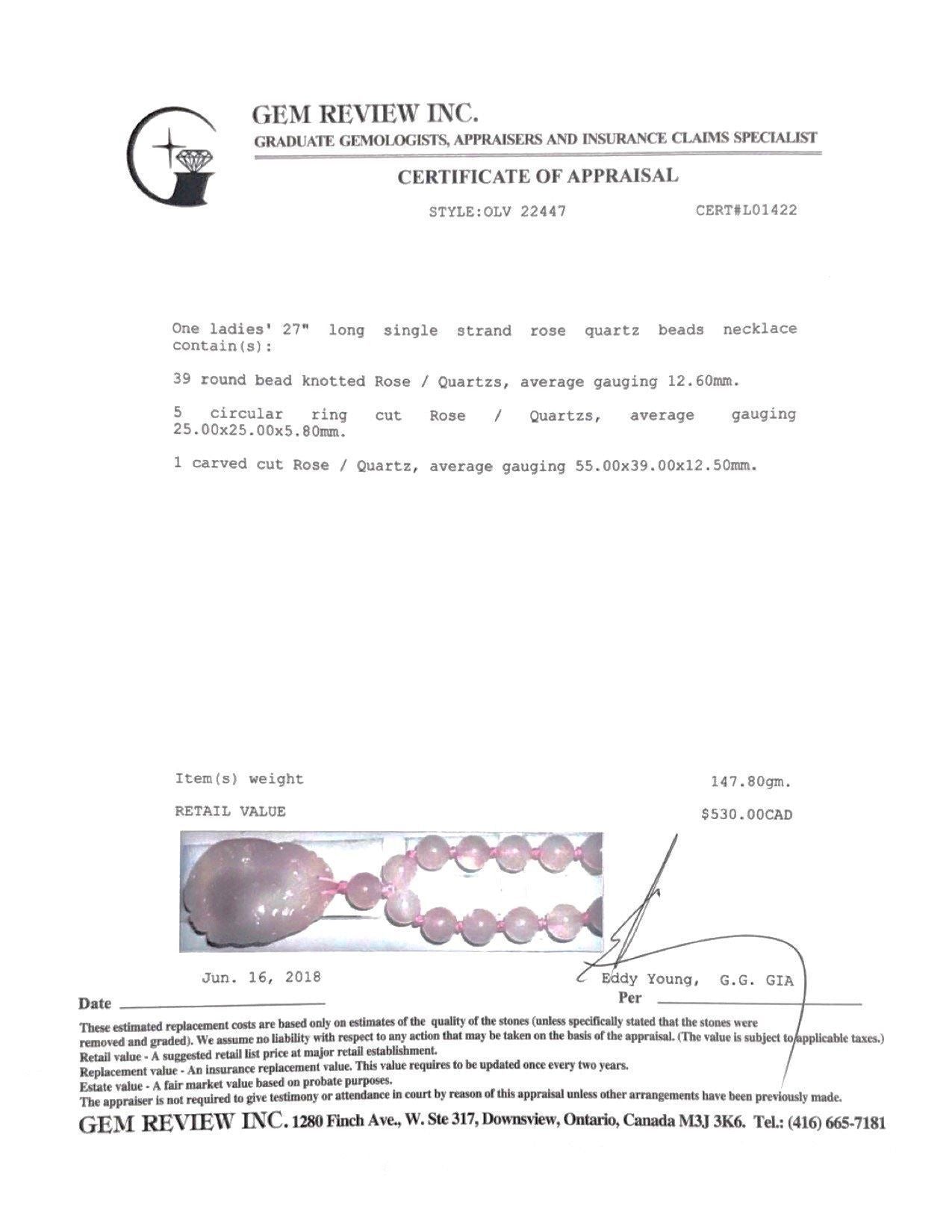 Rose Quartz Bead Necklace with Carved Rose Quartz Pendant