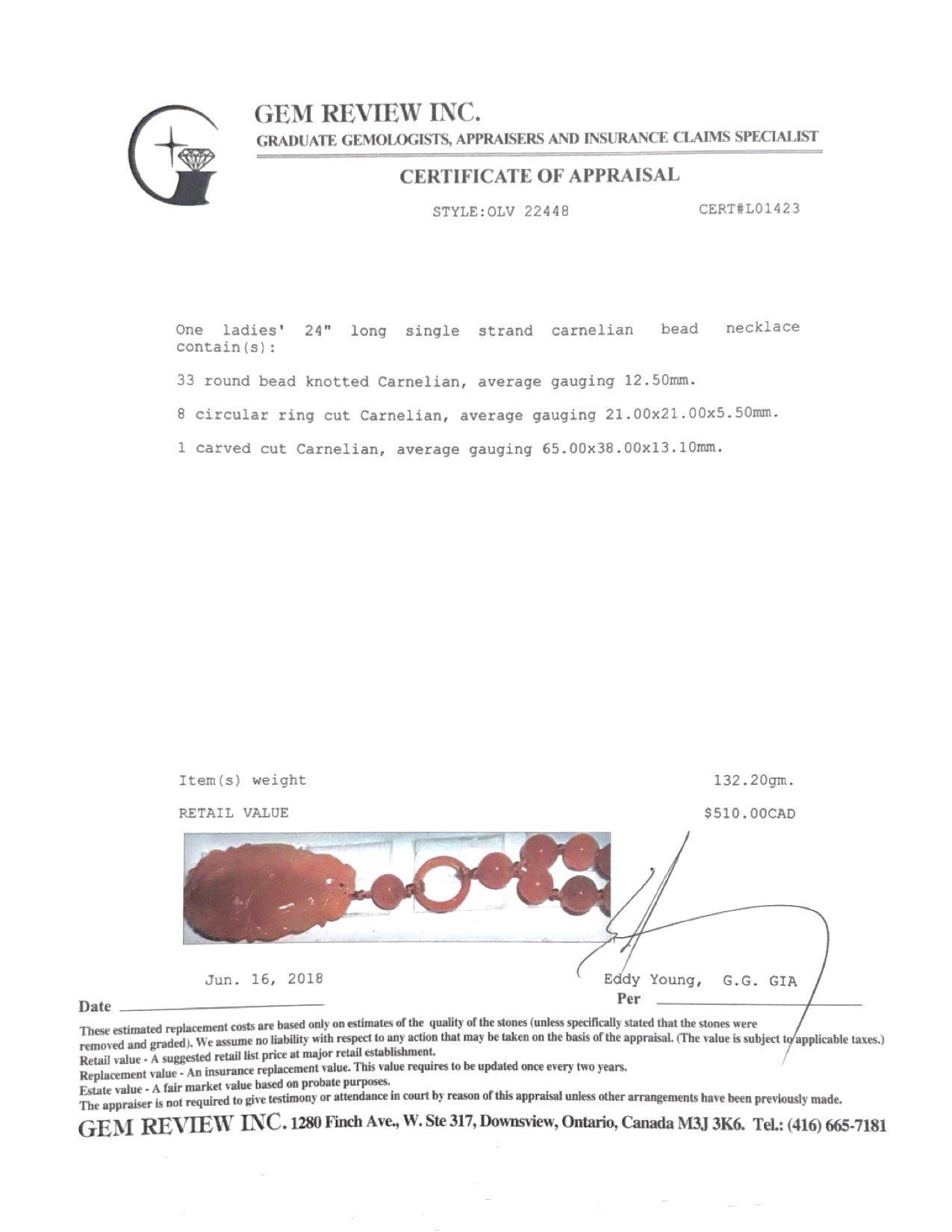 Carnelian Bead Necklace with Carved Carnelian Pendant