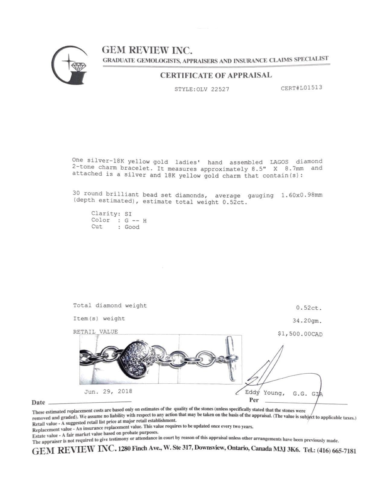 Lagos Two-Tone Diamond Heart Charm Bracelet