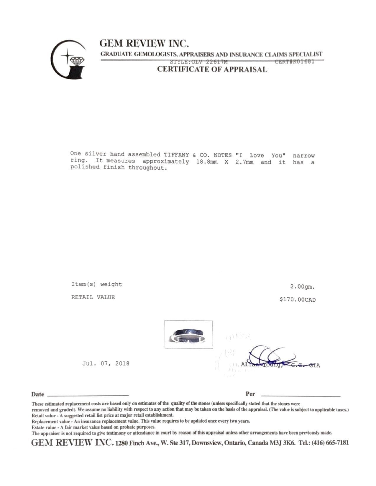 Tiffany & Co. Notes "I Love You" Ring