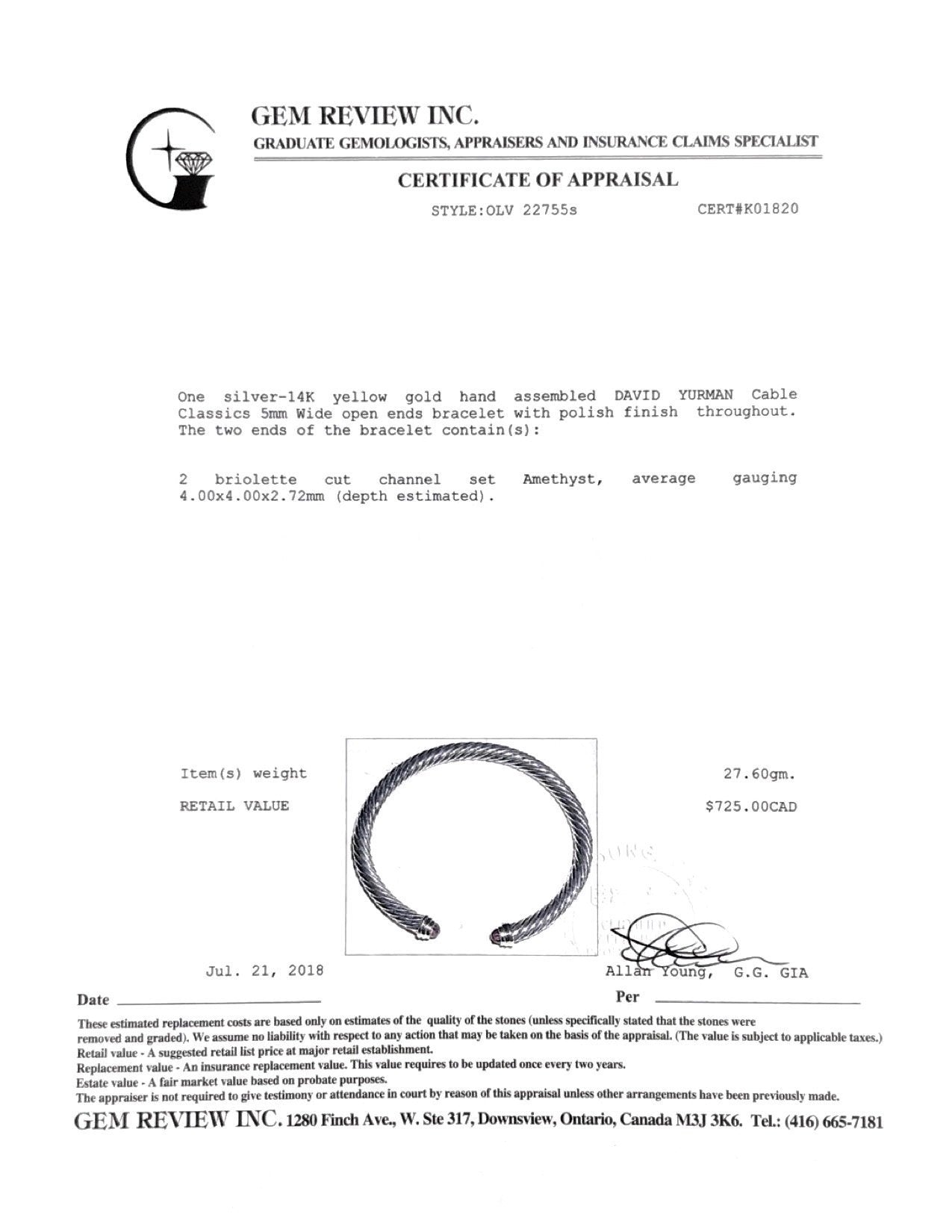 David Yurman Cable Classics Bracelet with Amethyst