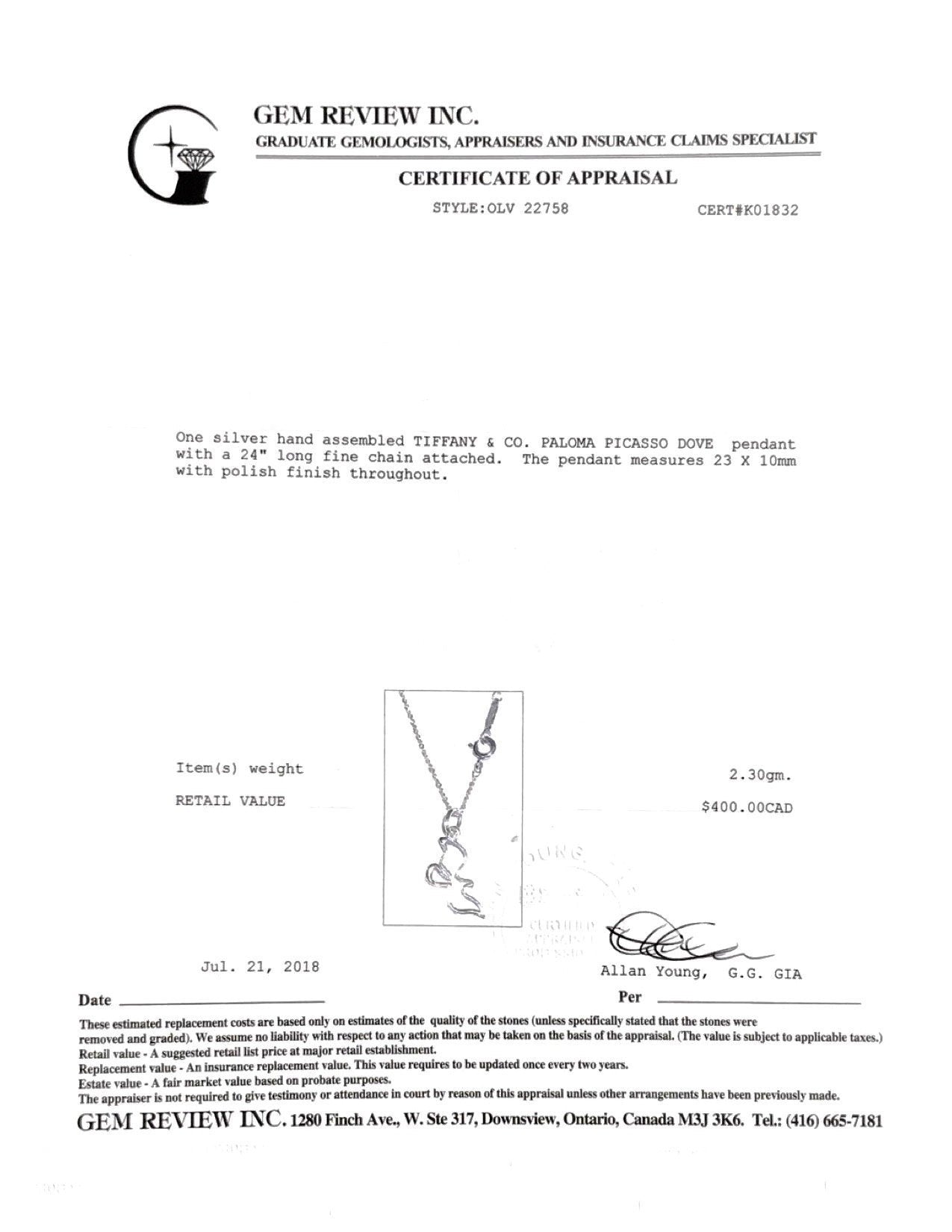 Tiffany & Co. Paloma Picasso Dove Pendant Necklace