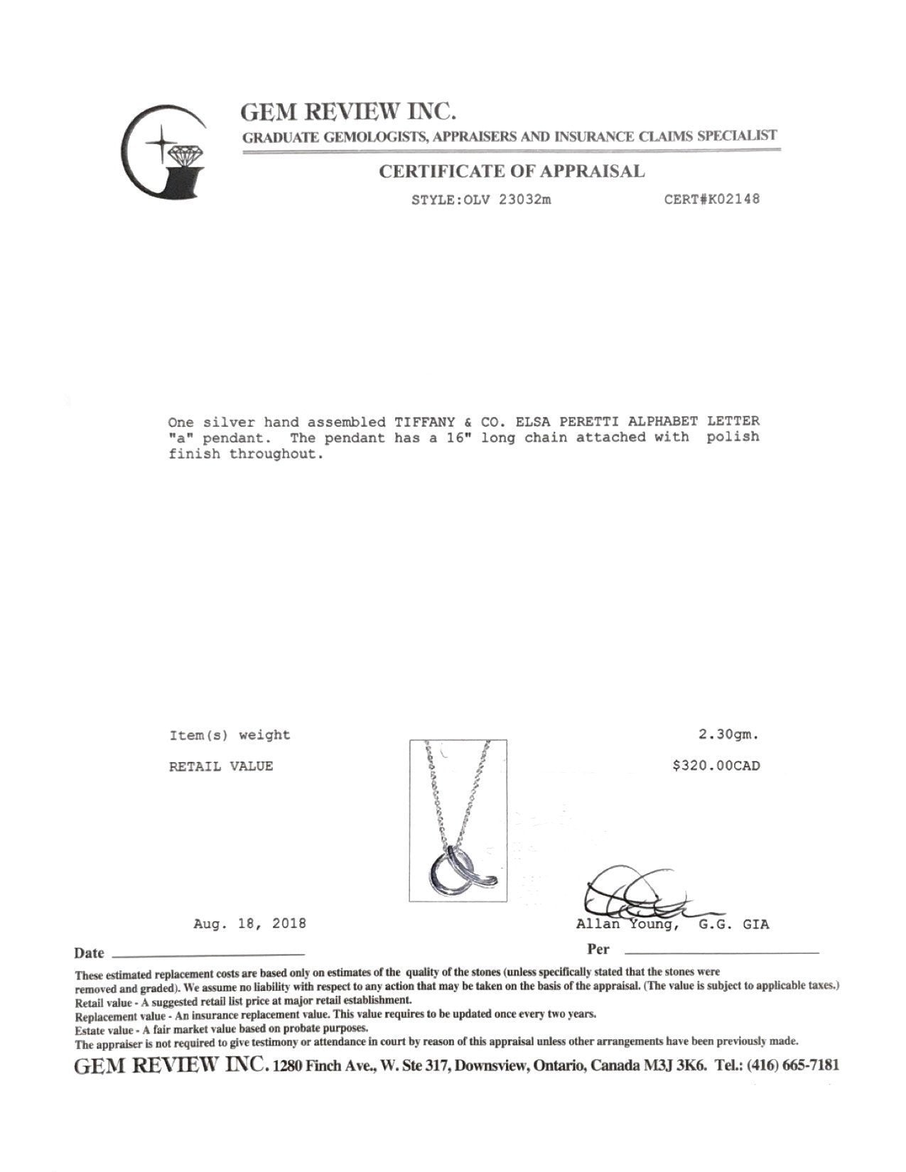 Tiffany & Co. Elsa Peretti Alphabet Letter "A" Pendant Necklace