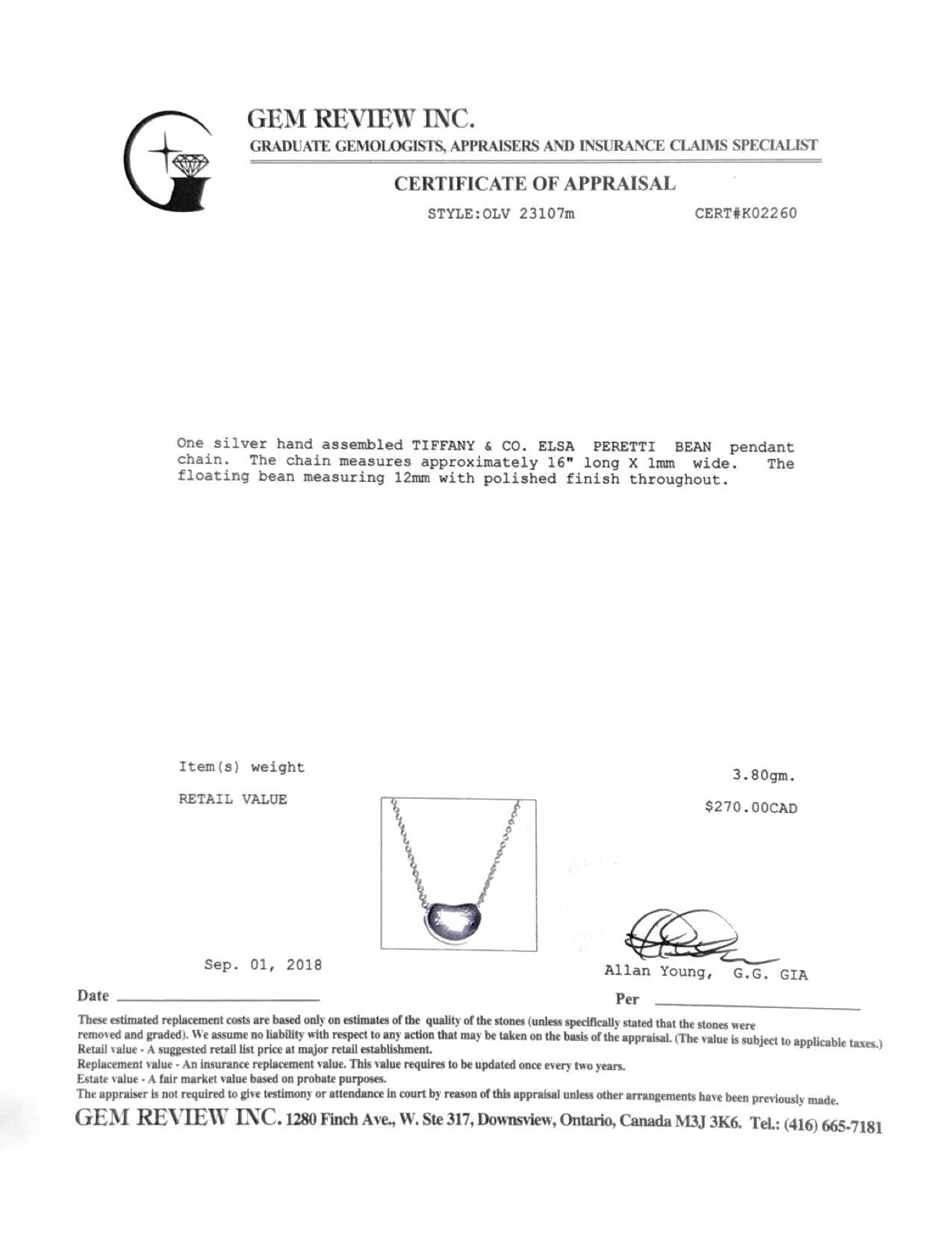 Tiffany & Co. Elsa Peretti Bean Pendant Necklace