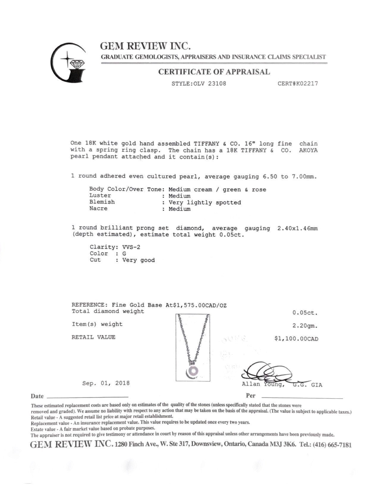 Tiffany & Co. Signature Pearl and Diamond Pendant Necklace