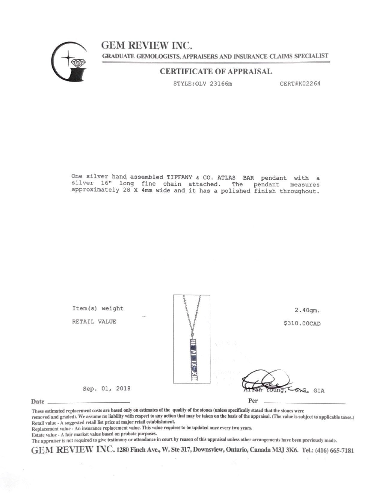 Tiffany & Co. Atlas Bar Pendant Necklace