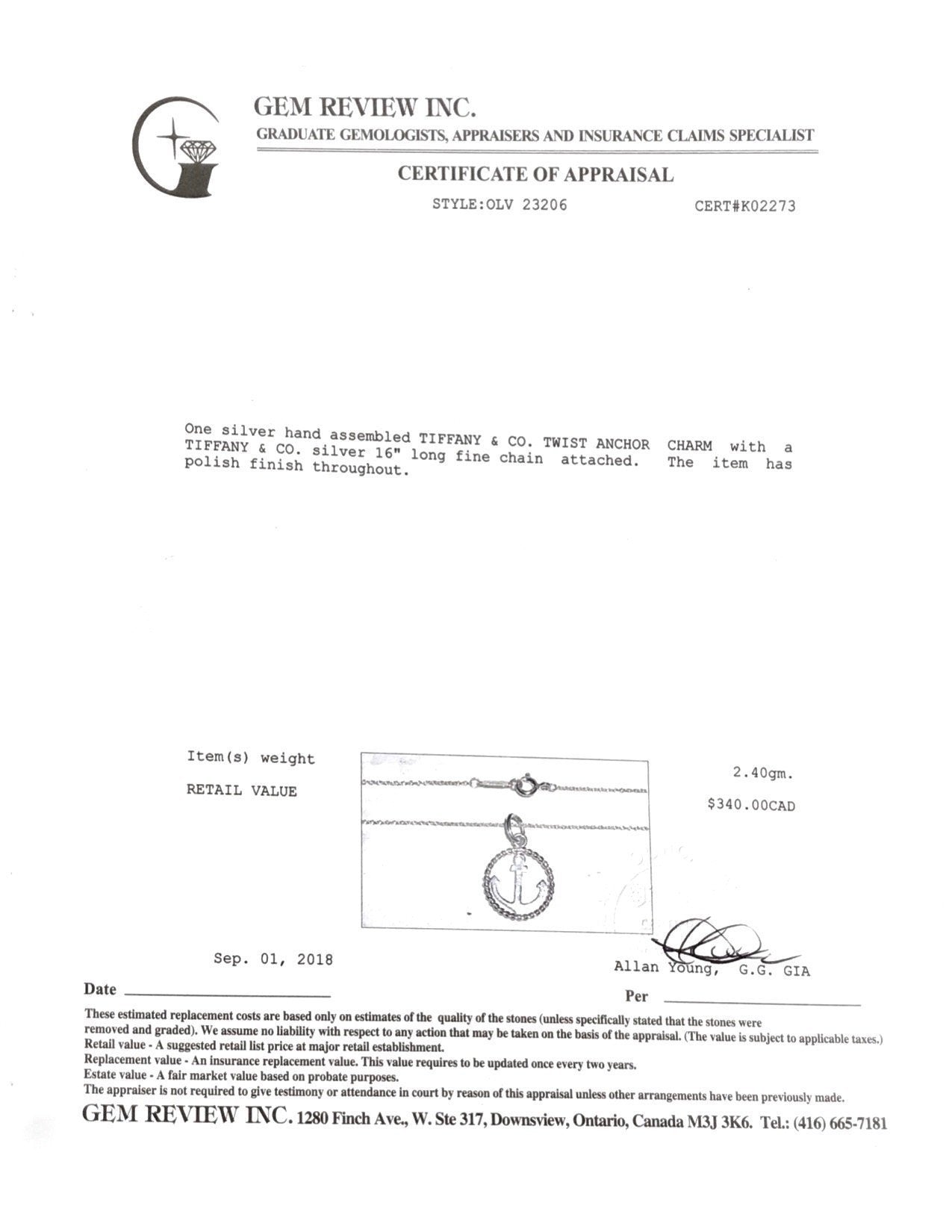 Tiffany & Co. Twist Anchor Charm Pendant Necklace