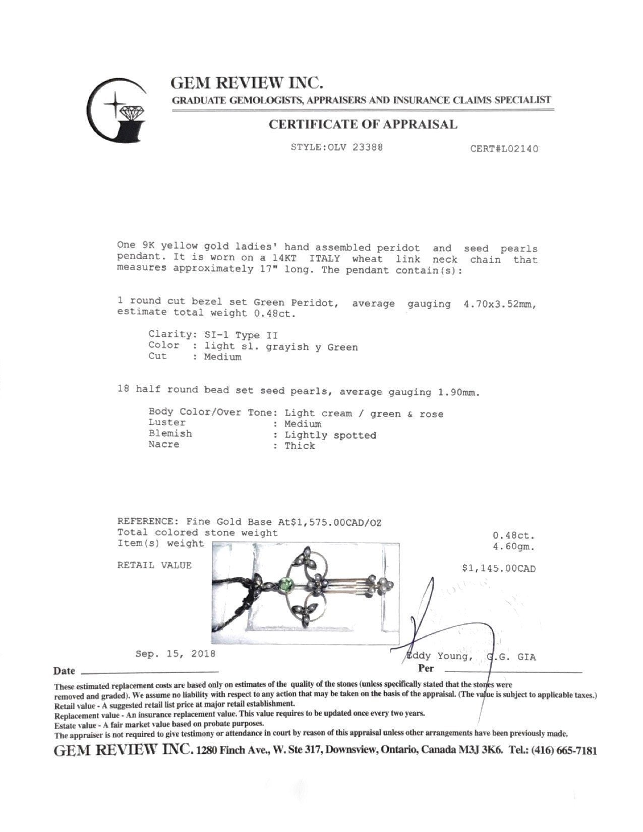 Antique Peridot and Seed Pearl Pendant Necklace