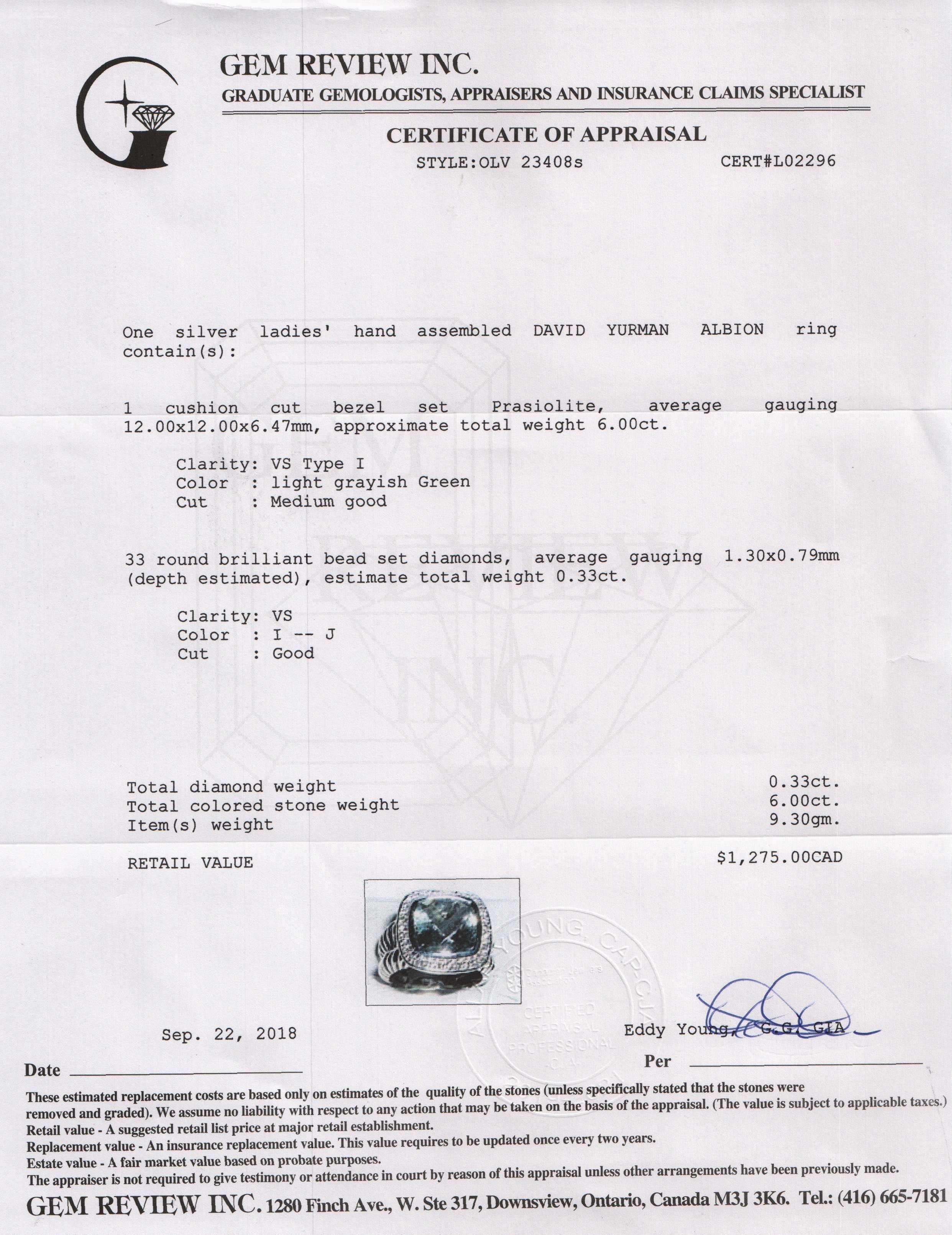 David Yurman Albion Ring with Prasiolite and Diamonds